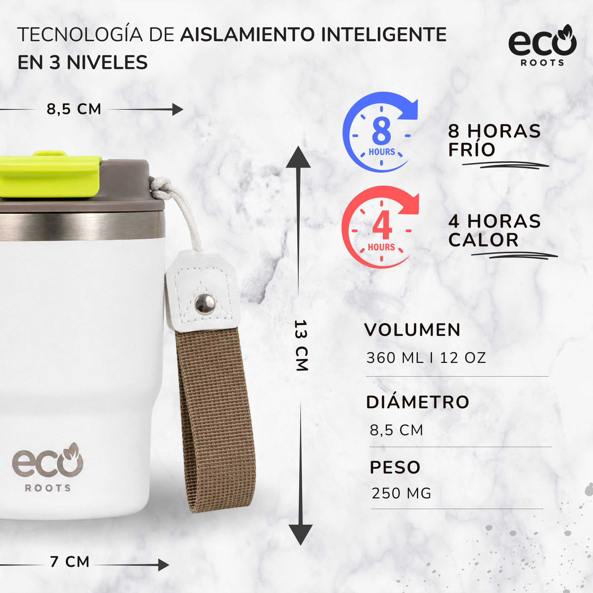 Infografía de taza de viaje aislada blanca con dimensiones y propiedades térmicas sobre fondo de mármol.