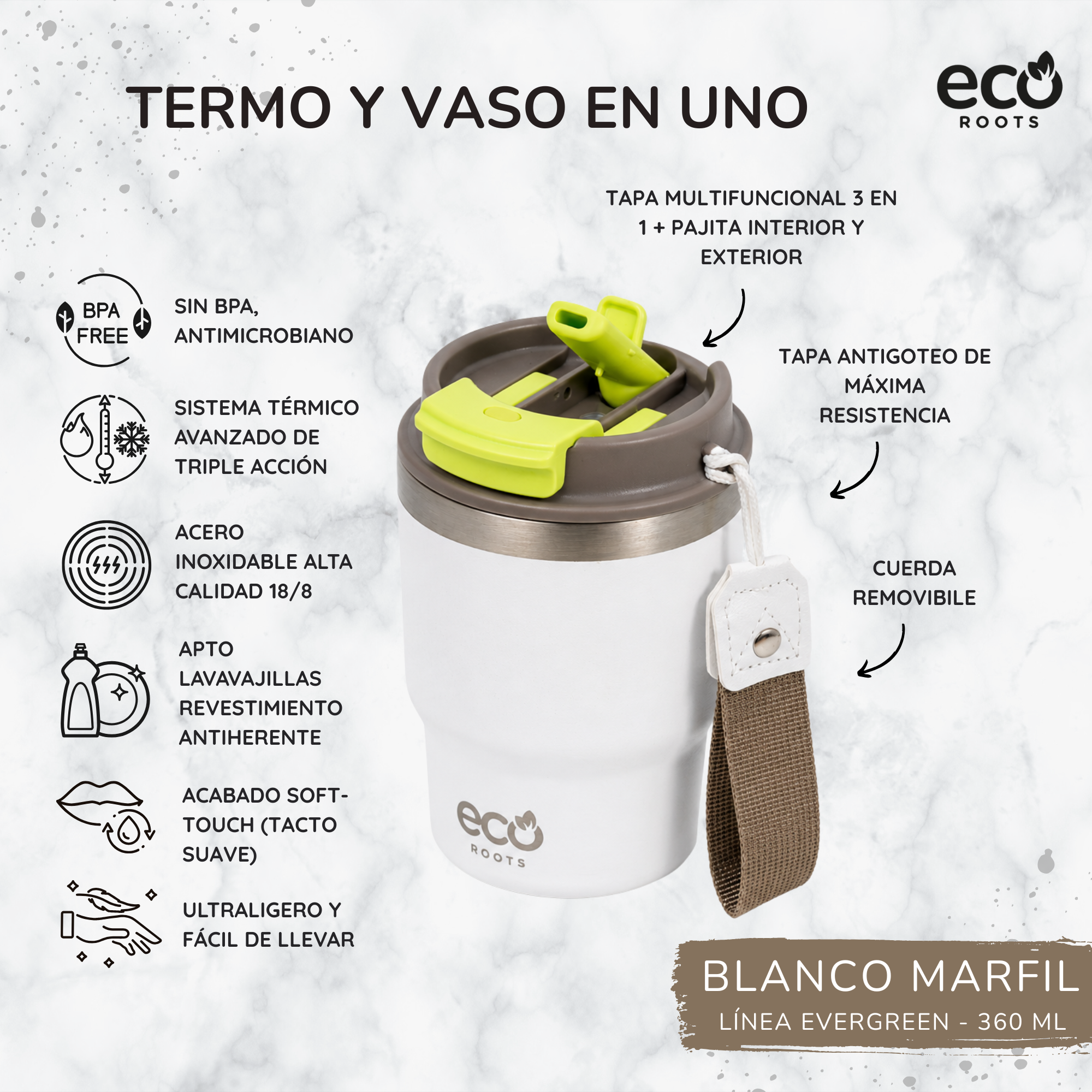 Anuncio de termo blanco Eco Roots sobre fondo de mármol con descripciones de características en español.