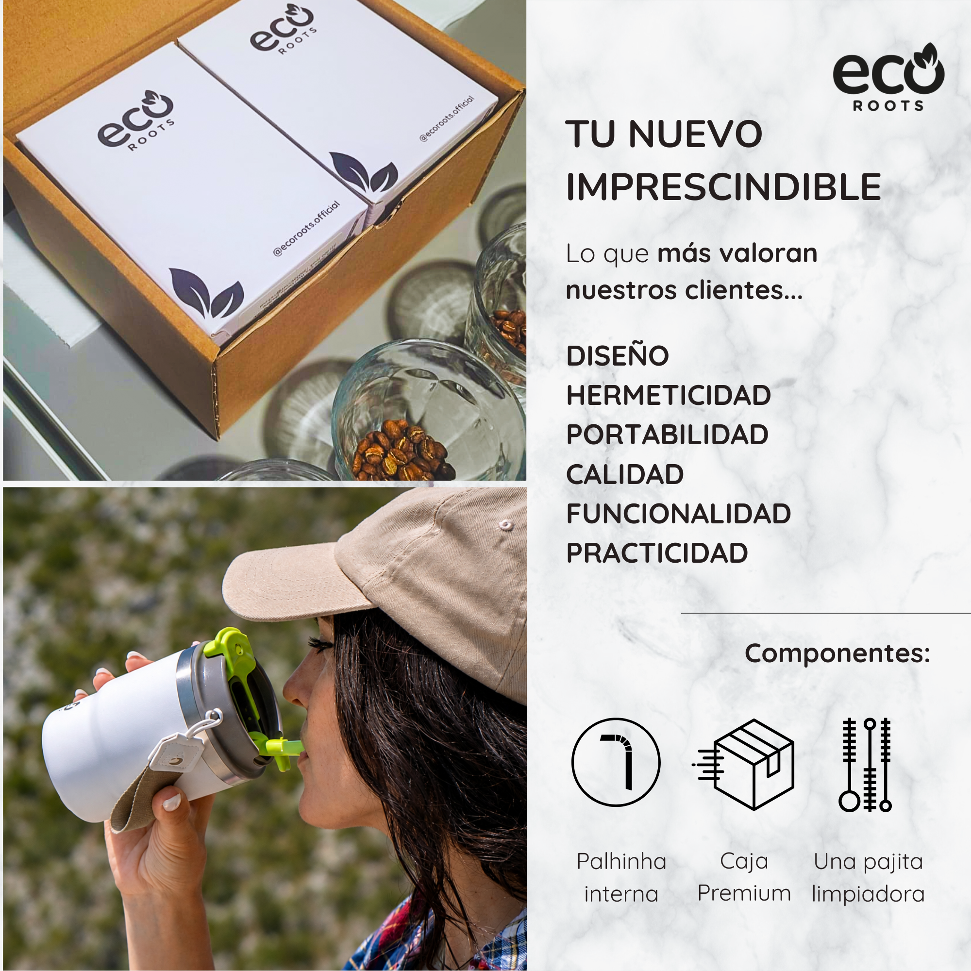 Un anuncio de Eco Roots con productos empaquetados, una mujer bebiendo de un termo y características.