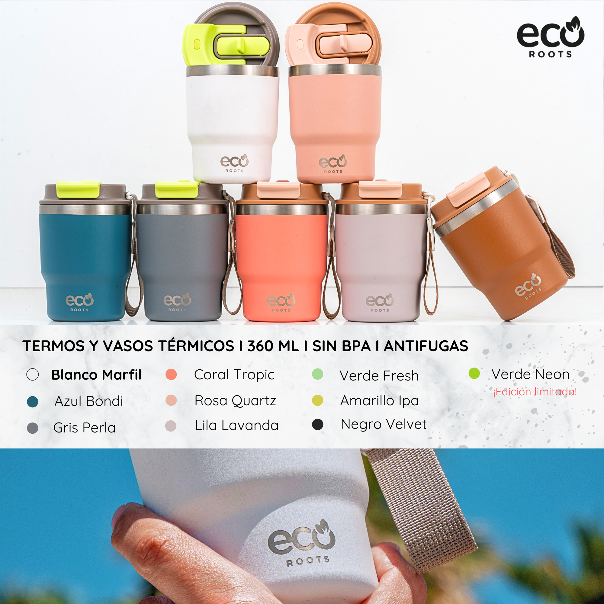 Varias tazas térmicas Eco Roots de colores con texto en español y opciones.