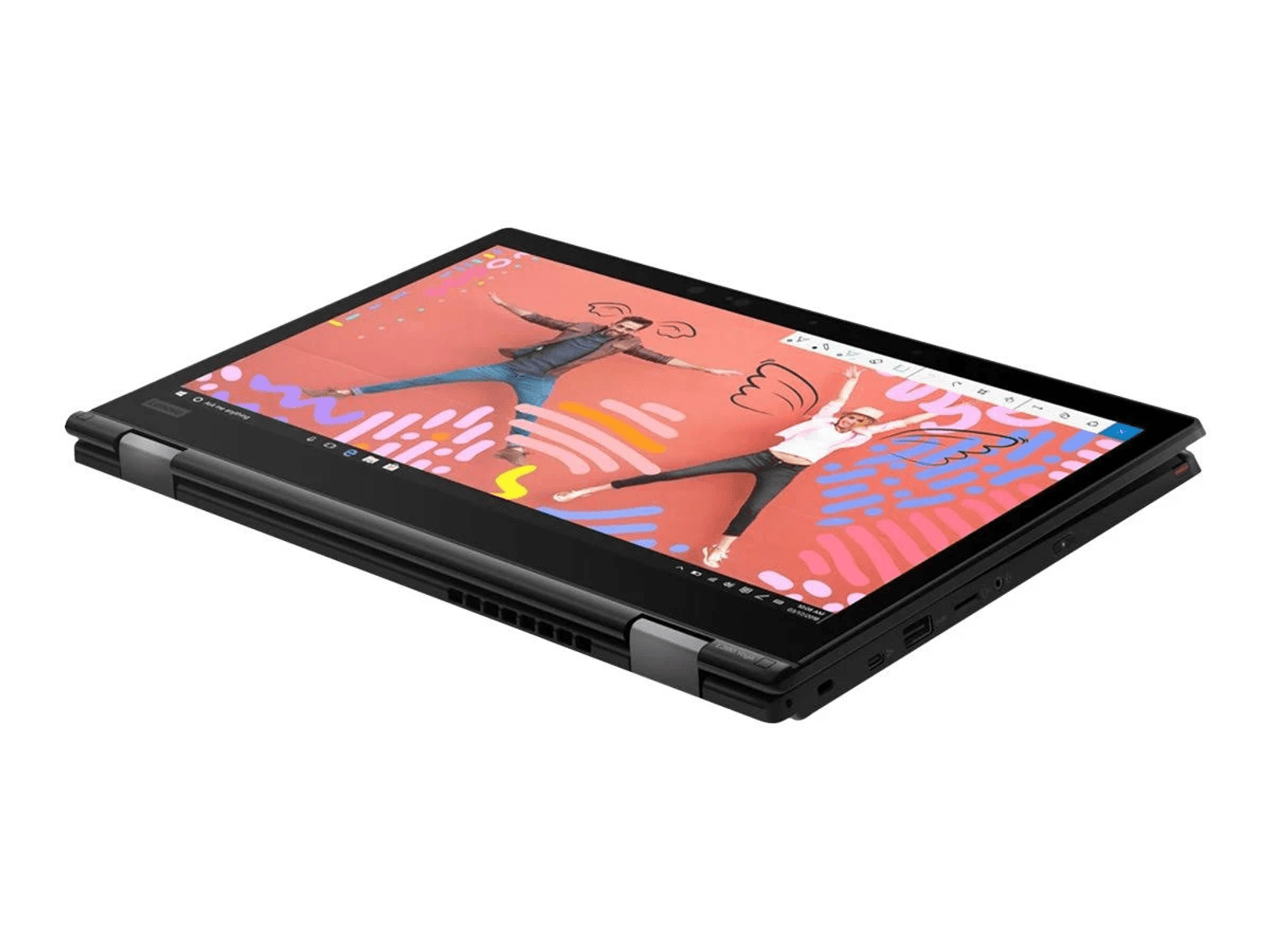 Un portátil convertible negro en modo tableta muestra una aplicación de dibujo colorida con personas saltando sobre fondo rosa.