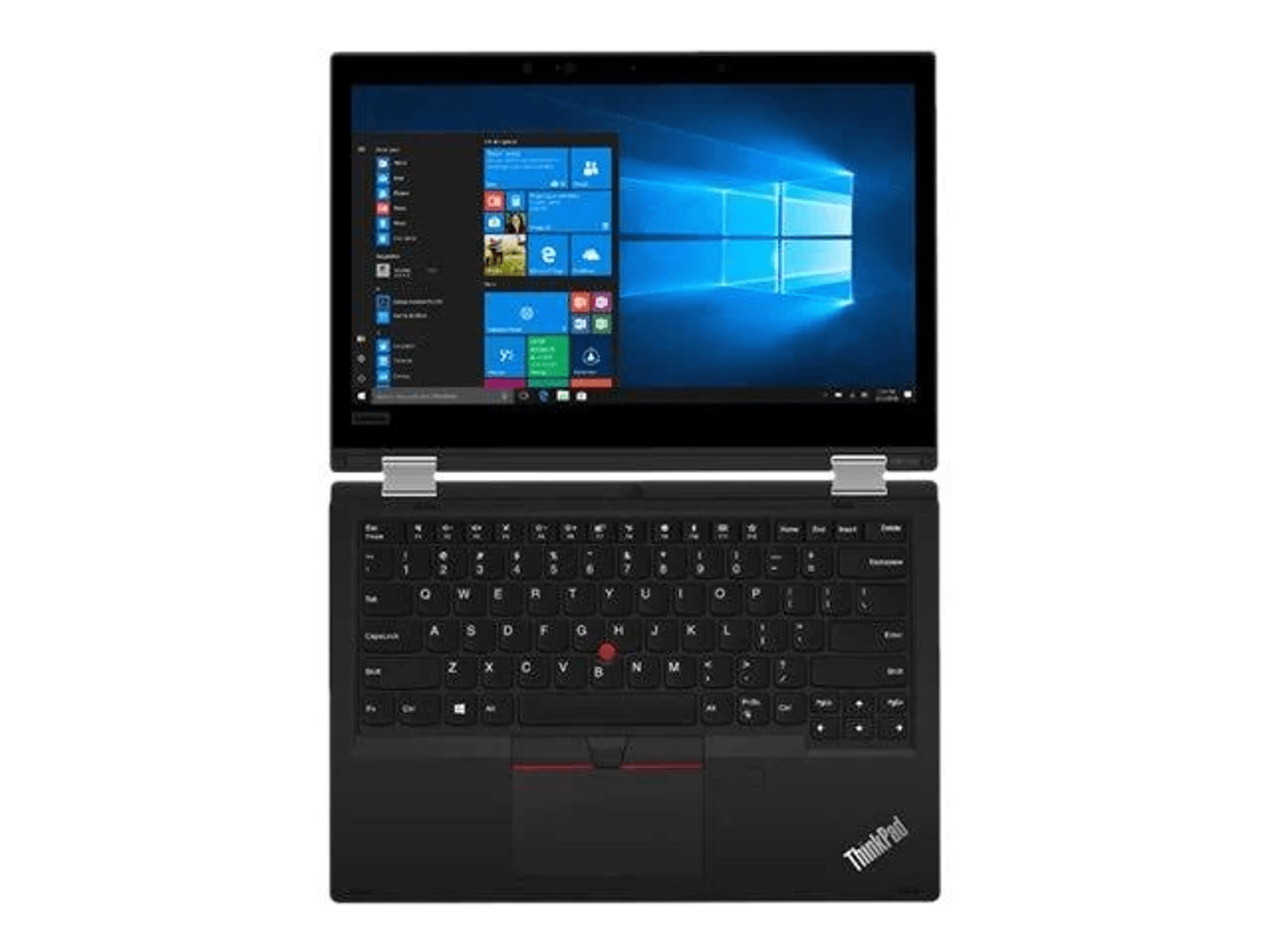 Un ordenador portátil ThinkPad negro con el menú de inicio de Windows 10 abierto, visto desde arriba.
