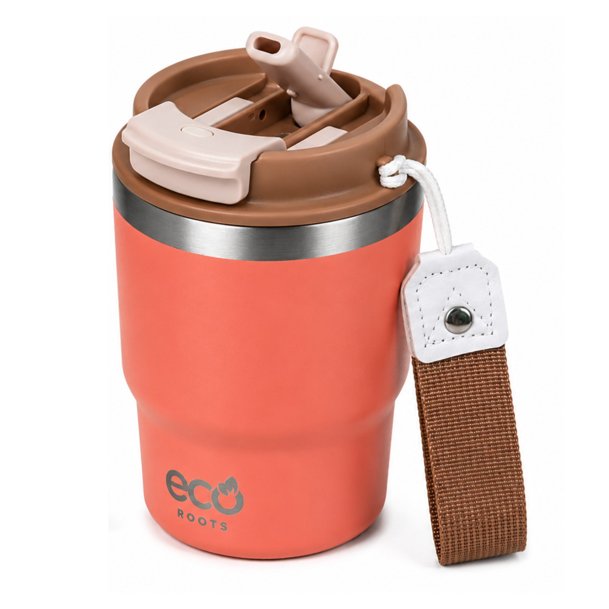 Taza de viaje Eco Roots color coral con tapa marrón, pajita integrada y correa de tela marrón colgante.