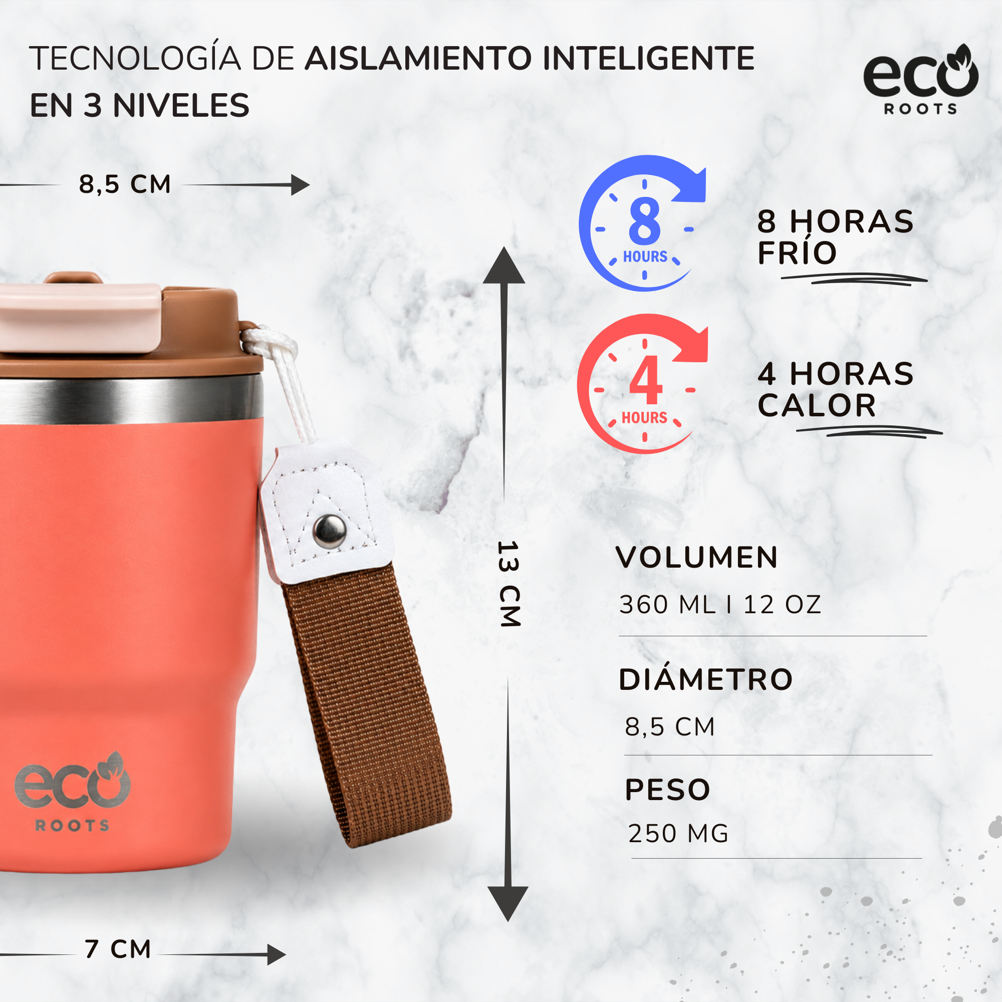 Gráfico de taza térmica rosa con dimensiones, logotipo e iconos de temperatura.