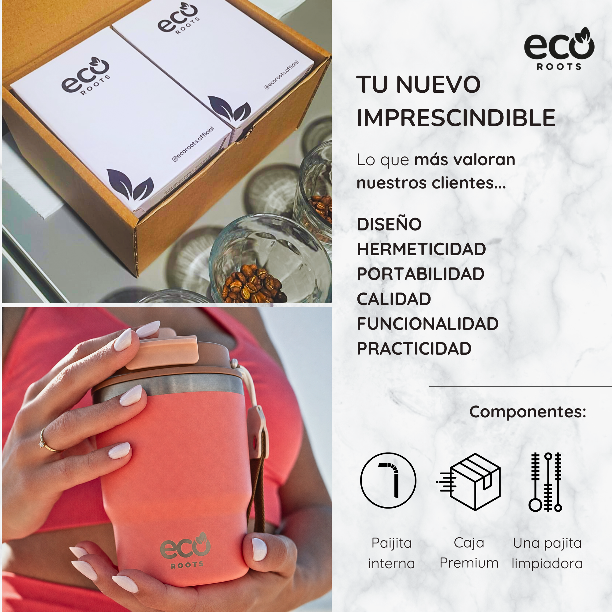 Anuncio de producto EcoRoots con una caja, granos de café, un vaso térmico rosa e iconos.