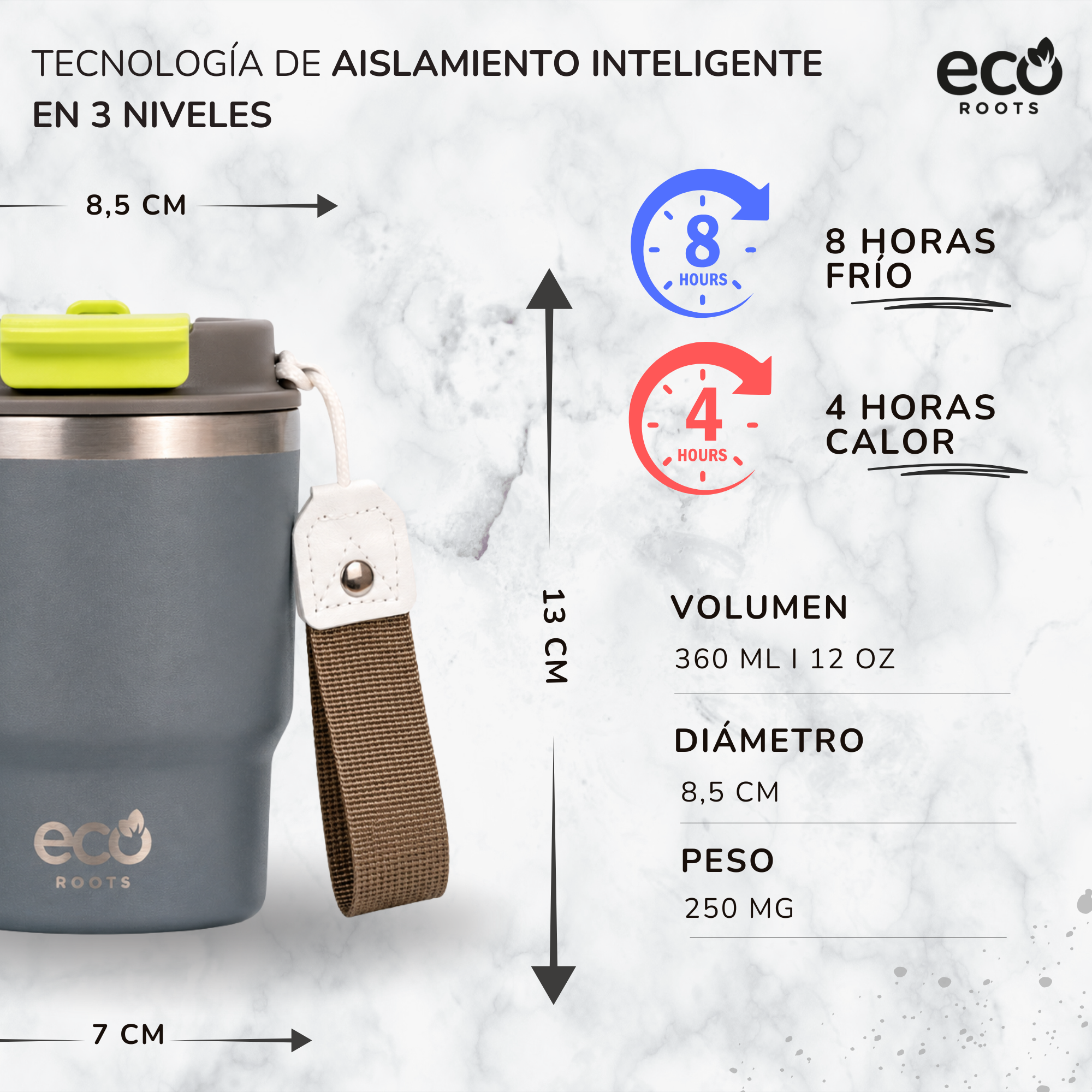 Taza gris con tapa verde, dimensiones y detalles de aislamiento sobre fondo de mármol.