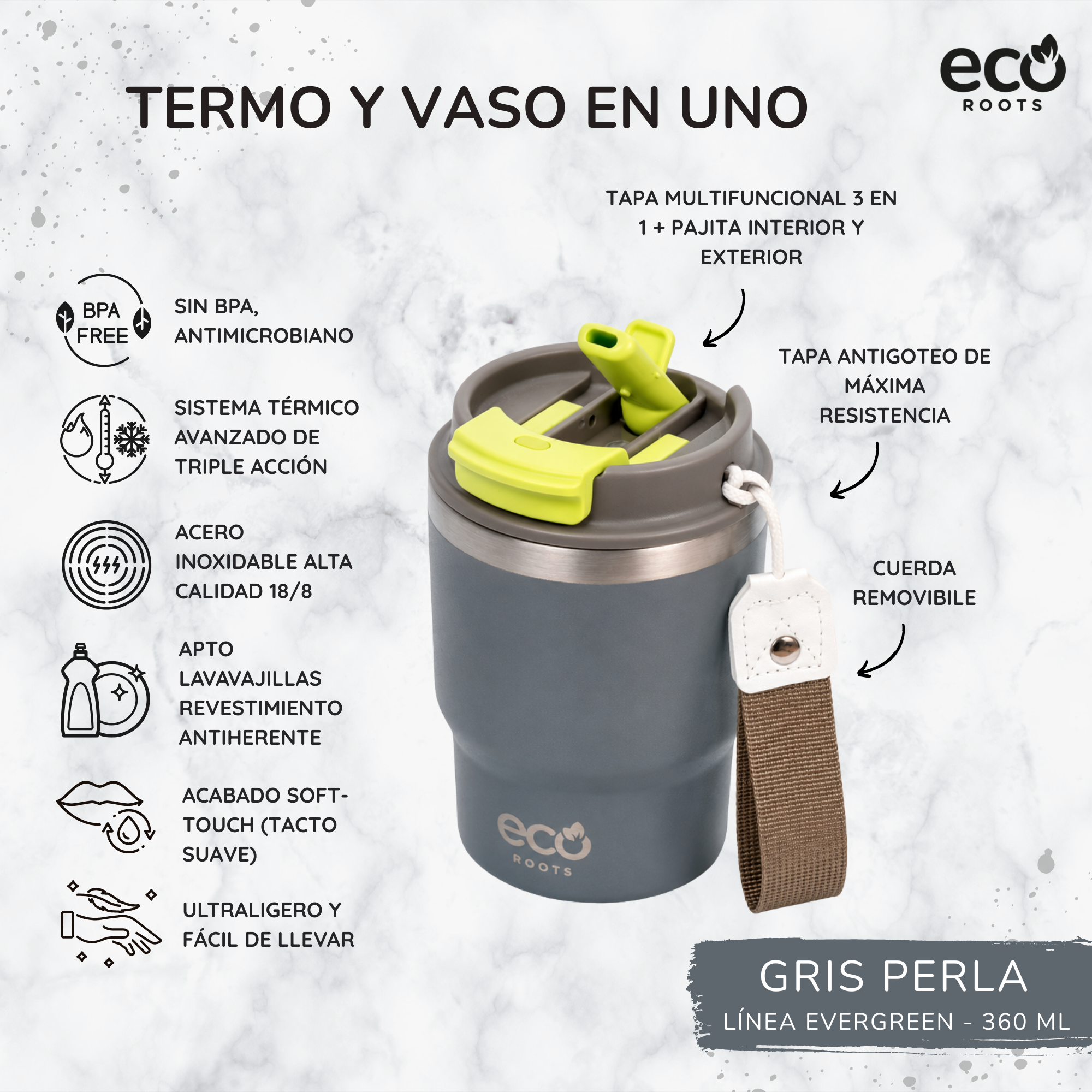Vaso térmico de acero gris perla con tapa verde, correa y características del producto sobre fondo de mármol.