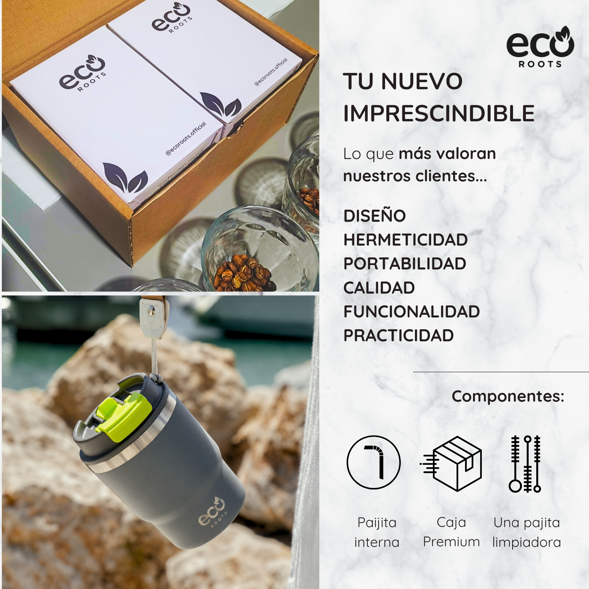 Anuncio de producto Eco Roots con taza de viaje gris, cajas, granos de café y texto.