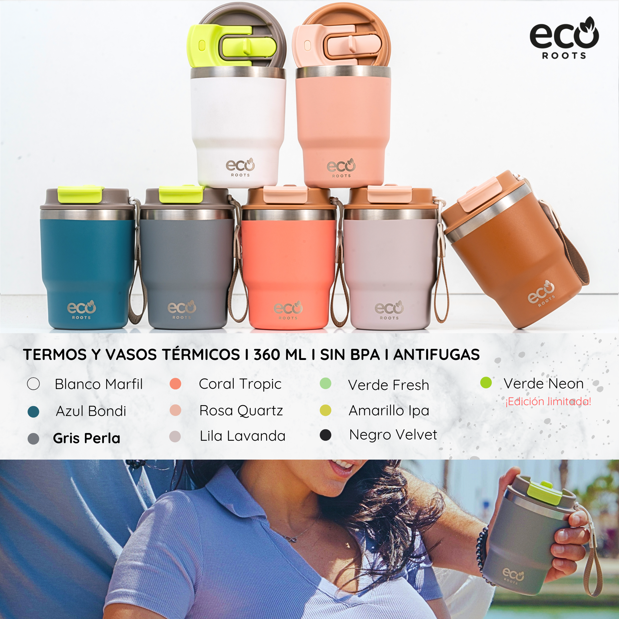 Varios termos Eco Roots de colores y una mujer sosteniendo uno, con texto que enumera opciones de color.