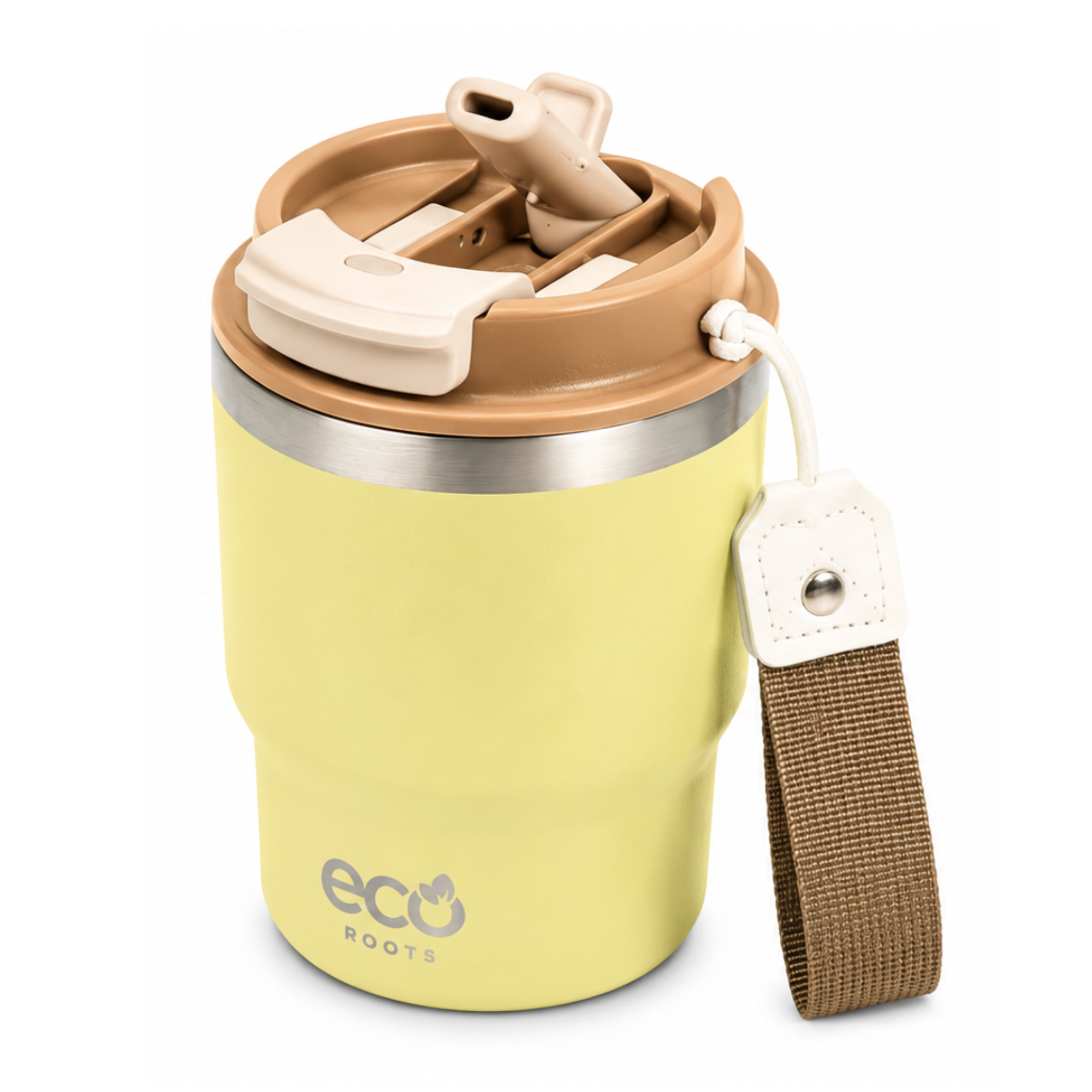 Taza amarilla Eco Roots con tapa marrón, pajita integrada y correa de transporte marrón sobre fondo blanco.