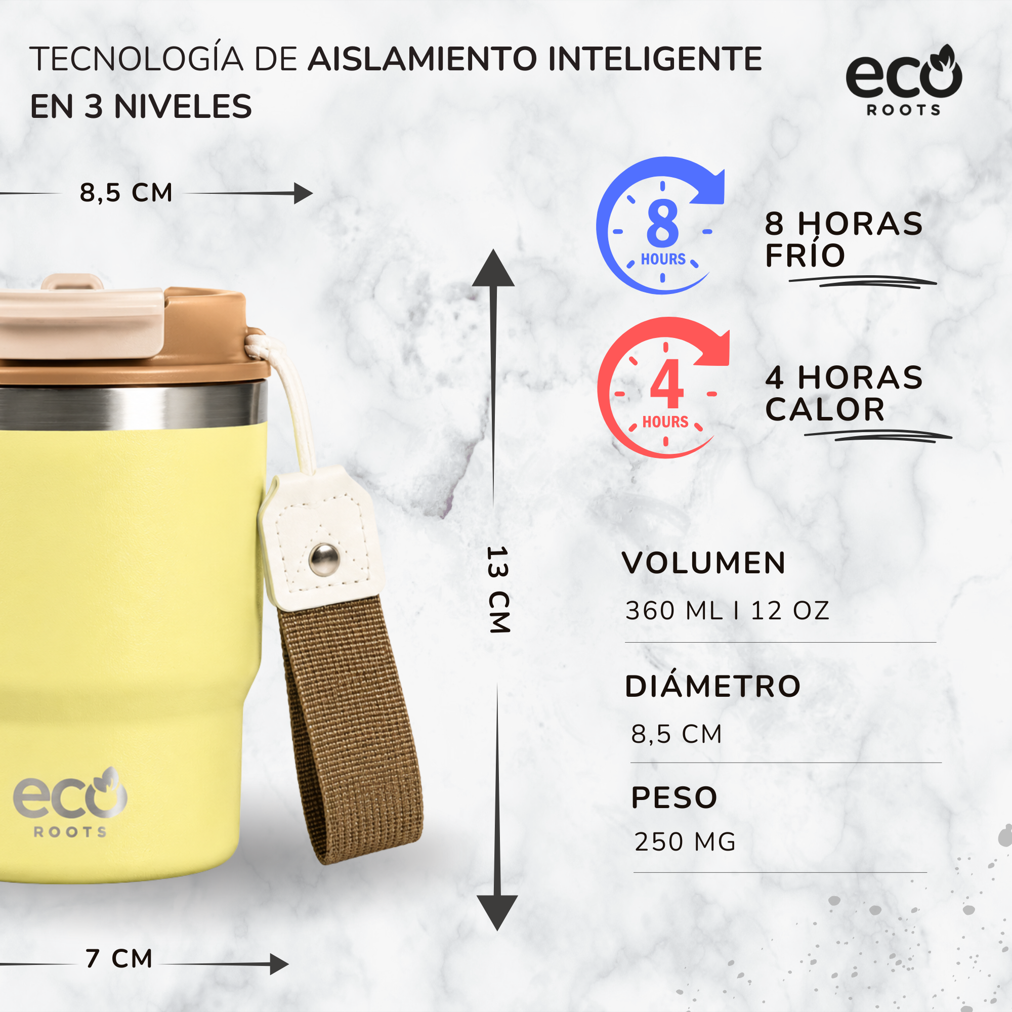 Taza térmica amarilla Eco Roots con dimensiones e iconos de aislamiento sobre fondo de mármol.