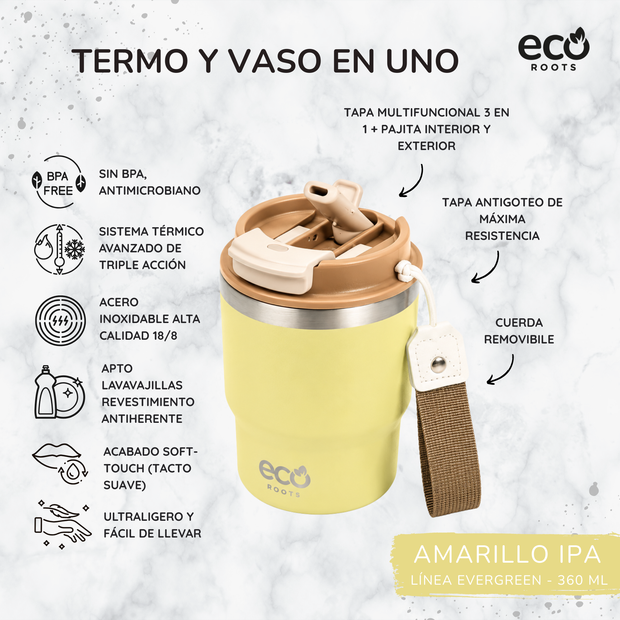 Anuncio de taza amarilla Eco Roots con tapa marrón y correa sobre fondo de mármol.