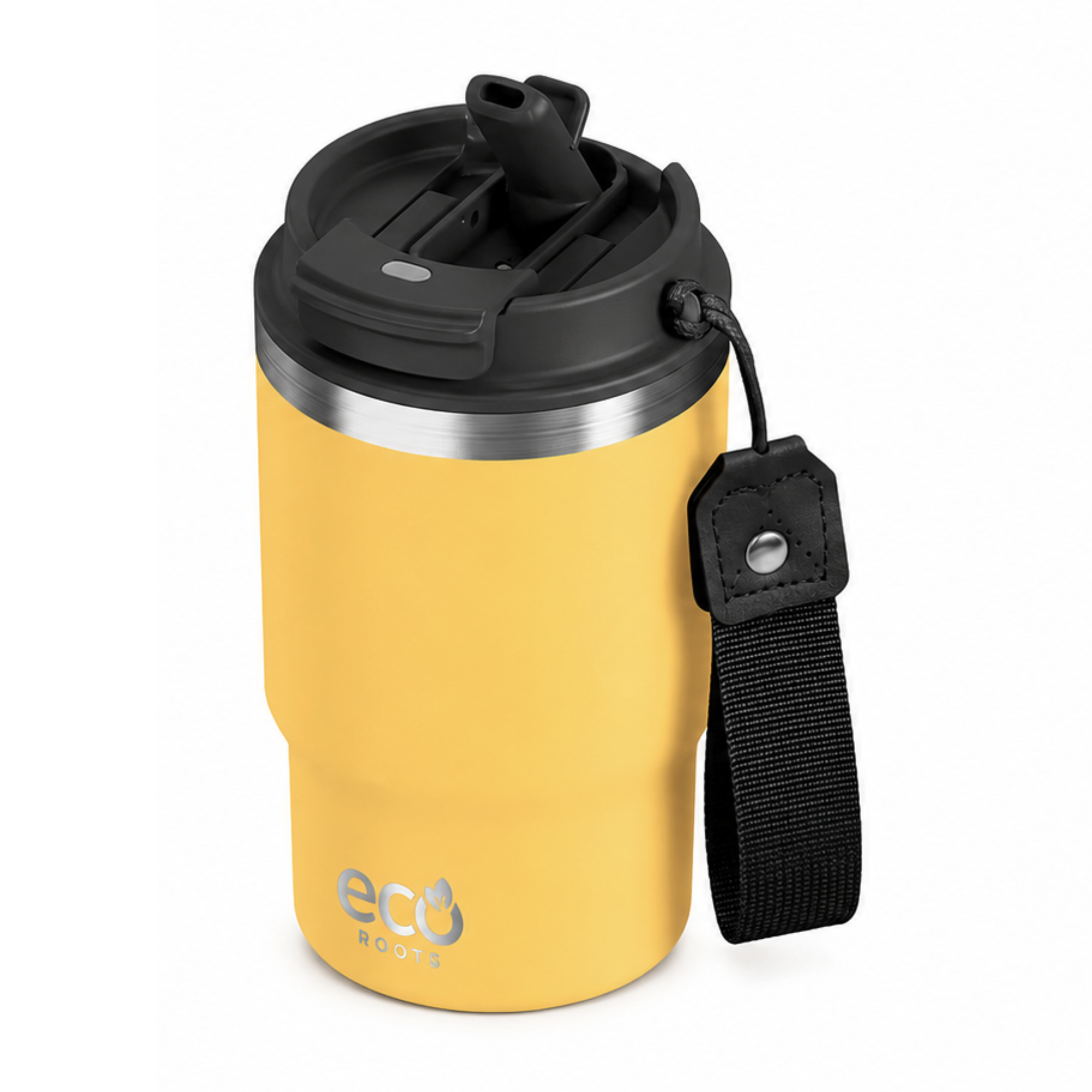 Una taza de viaje amarilla Eco Roots con tapa negra y correa de transporte sobre fondo blanco.
