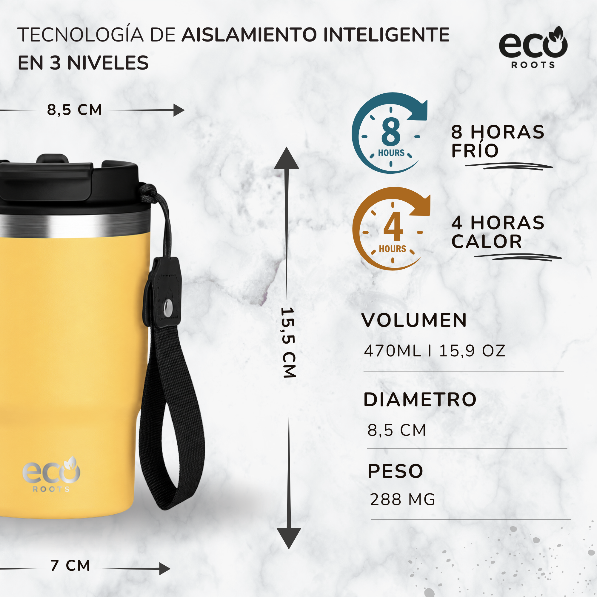 Vaso térmico amarillo con tapa negra y correa sobre fondo de mármol, mostrando datos técnicos del producto.