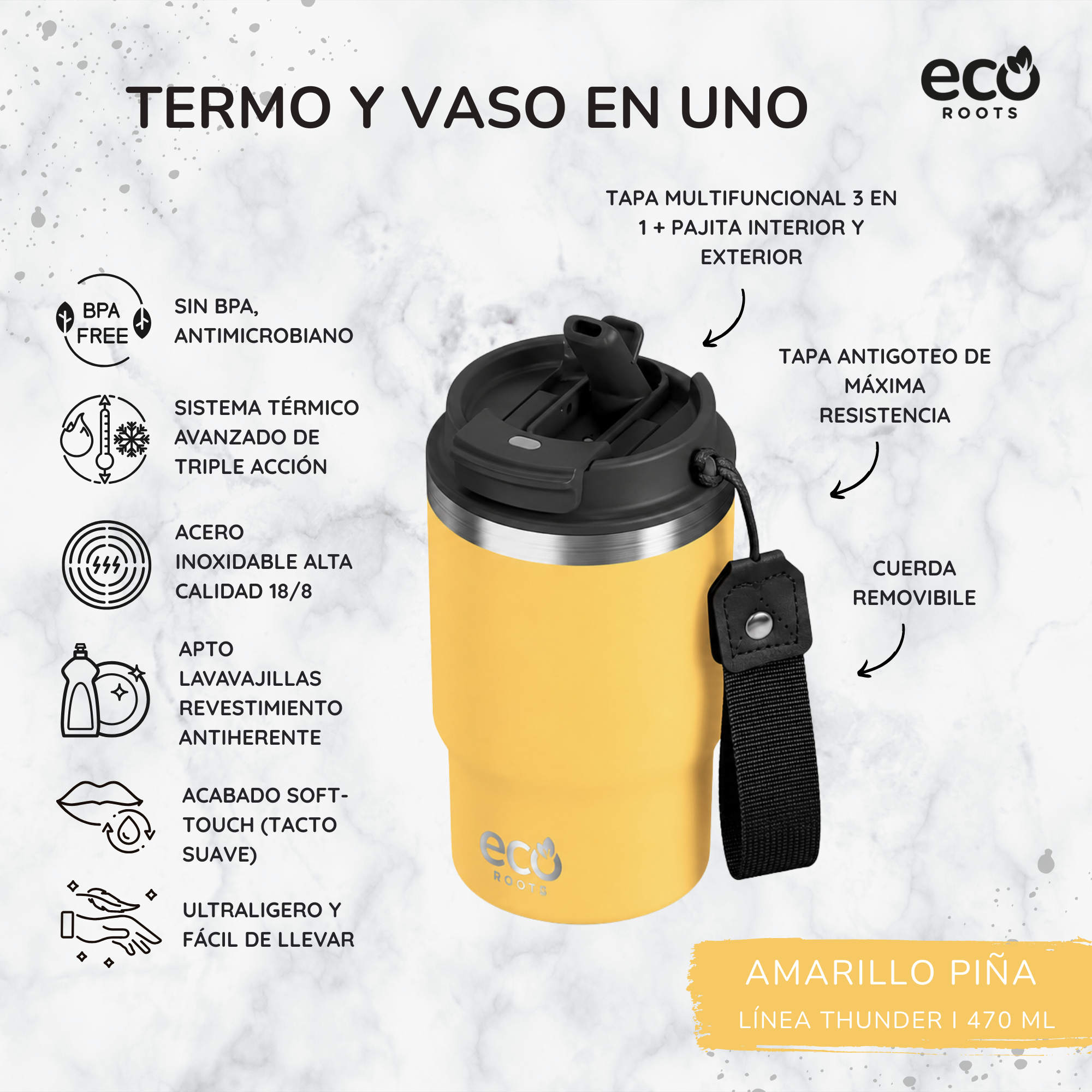 Vaso térmico amarillo con tapa negra, correa y características del producto sobre fondo de mármol blanco.