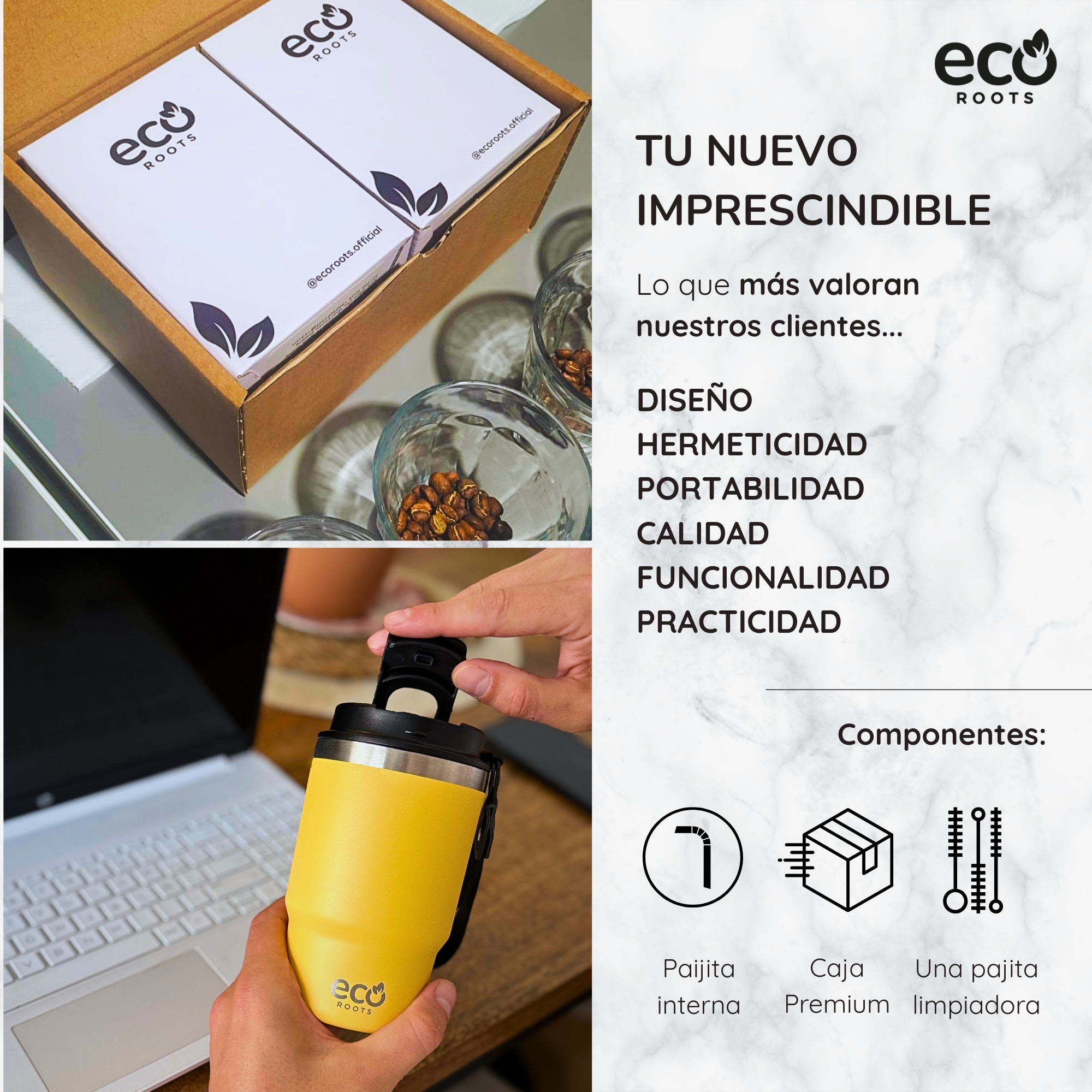 Anuncio de producto Eco Roots con caja, granos de café, taza térmica amarilla y texto en español.