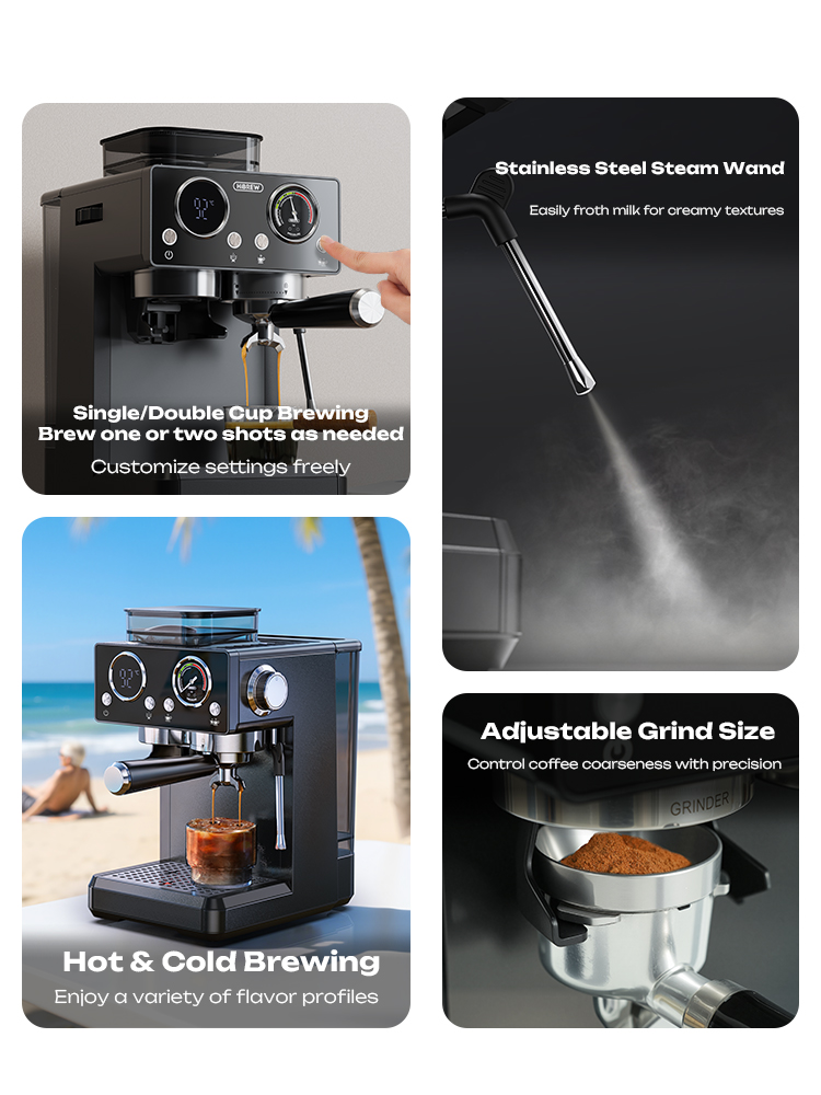Collage de funciones de cafetera que incluye preparación, tubo de vapor, molinillo y café frío en la playa.