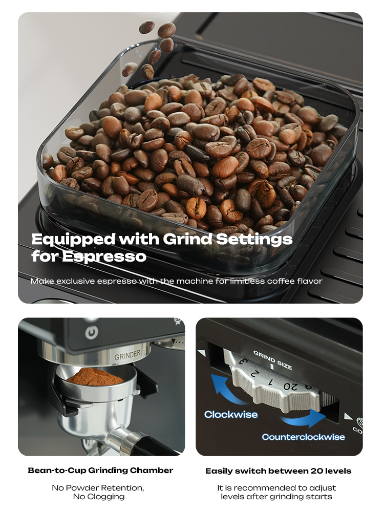 Cafetera con tolva de granos, cámara de molienda y selector de 20 niveles de molienda.