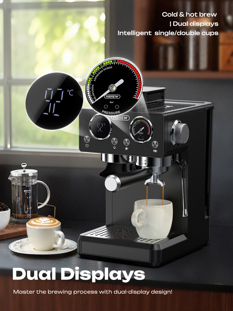 Una cafetera negra con pantallas duales prepara café en una taza blanca, con un inserto que muestra la temperatura.
