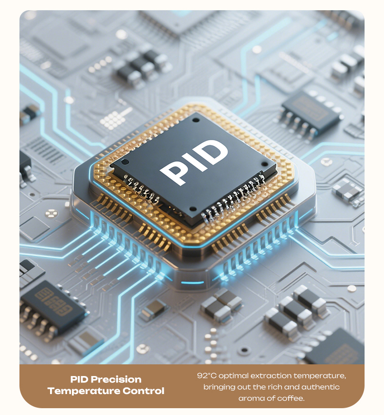 Un microchip PID en una placa de circuito con trazas eléctricas brillantes y texto sobre control de temperatura.