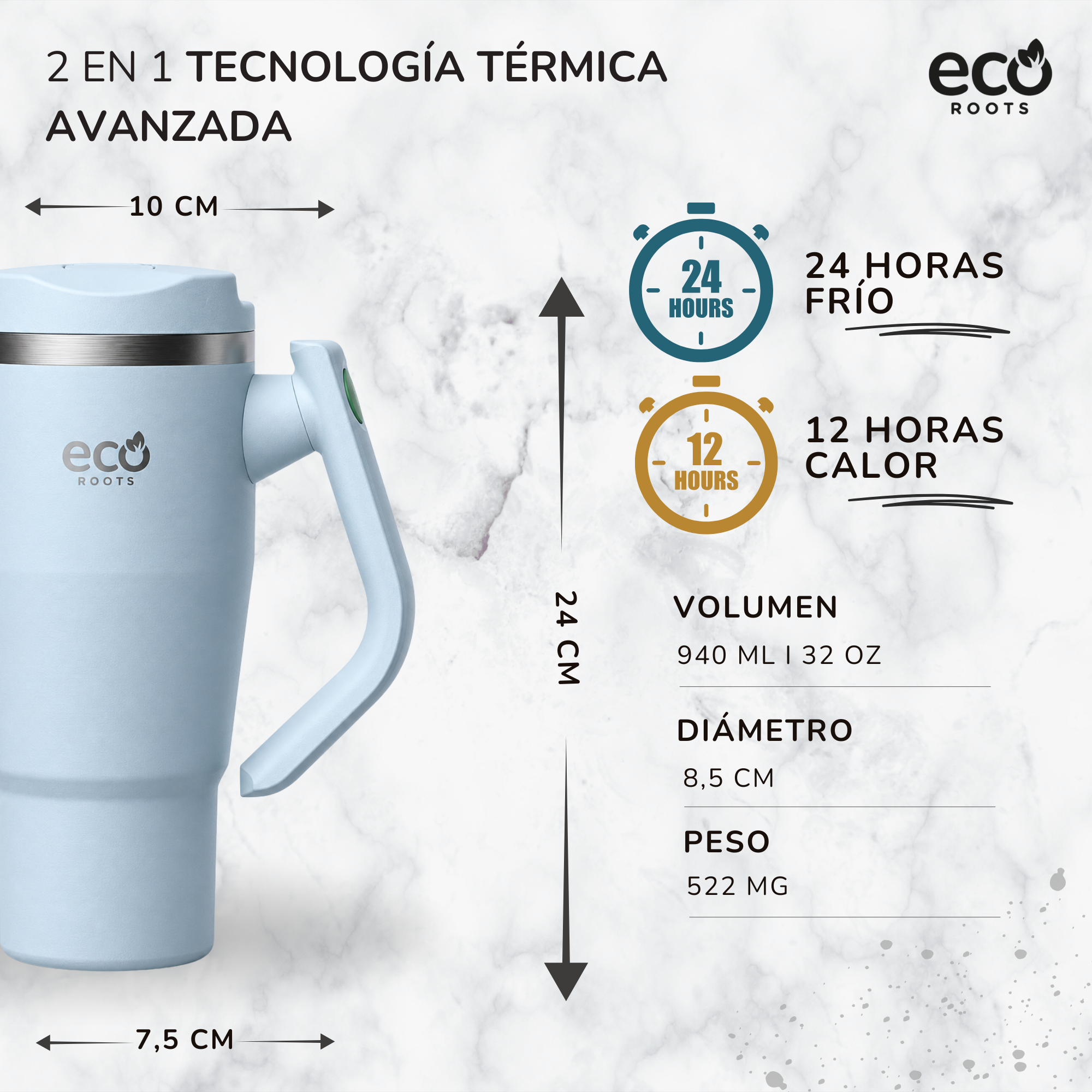 Taza térmica azul con asa, dimensiones y texto sobre fondo de mármol.