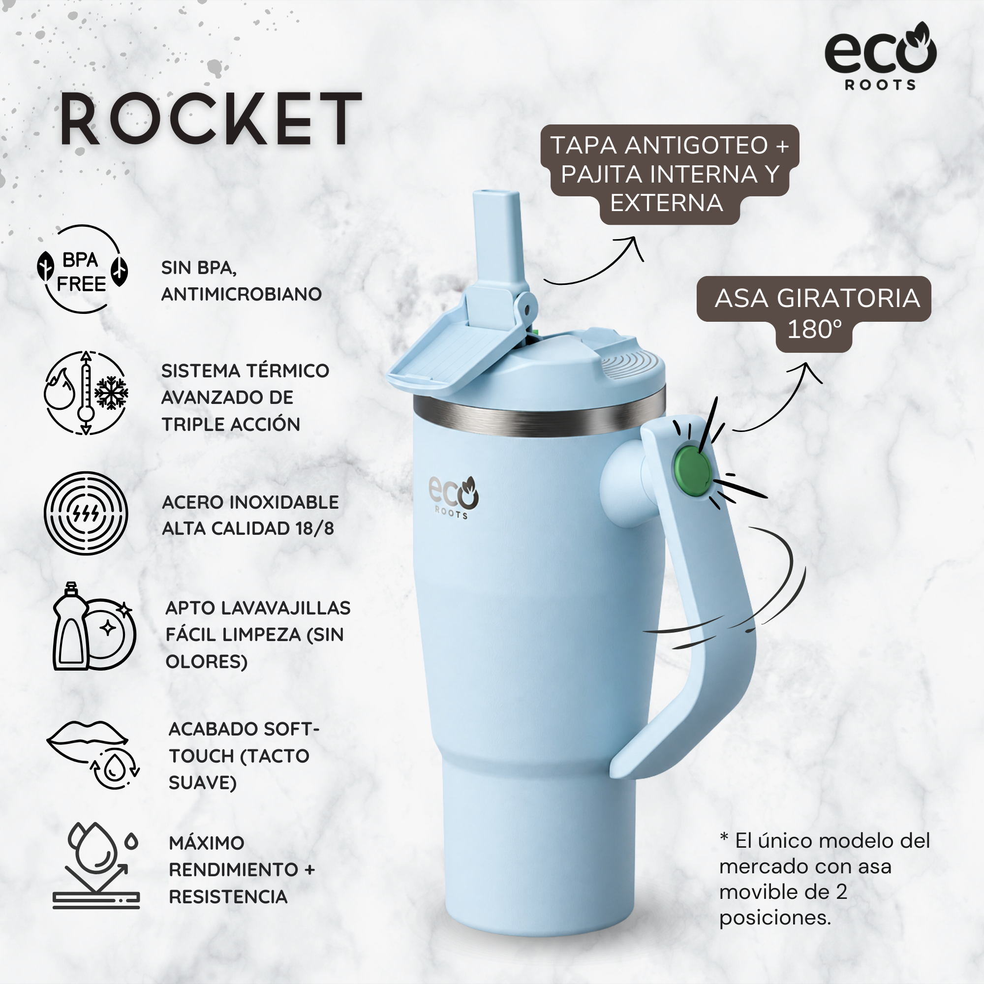 Vaso térmico Rocket azul sobre mármol con características como libre de BPA, tapa con pajita y asa giratoria.