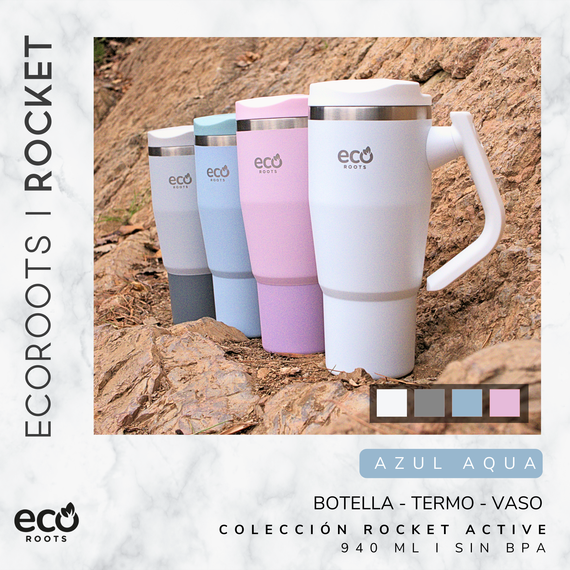 Cuatro tazas térmicas coloridas de EcoRoots sobre un suelo rocoso del bosque.