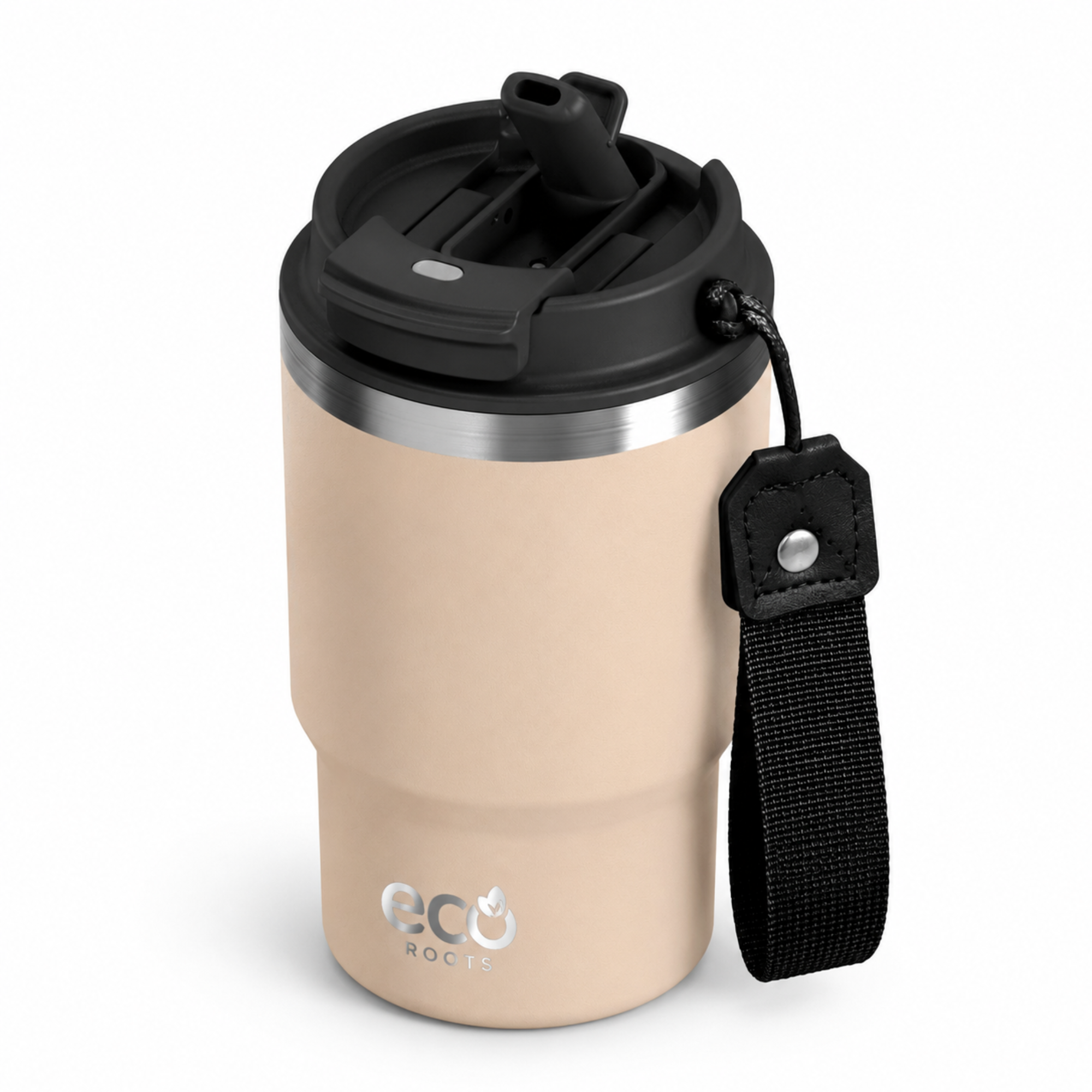Taza de viaje beige con tapa negra y correa de transporte sobre fondo blanco.