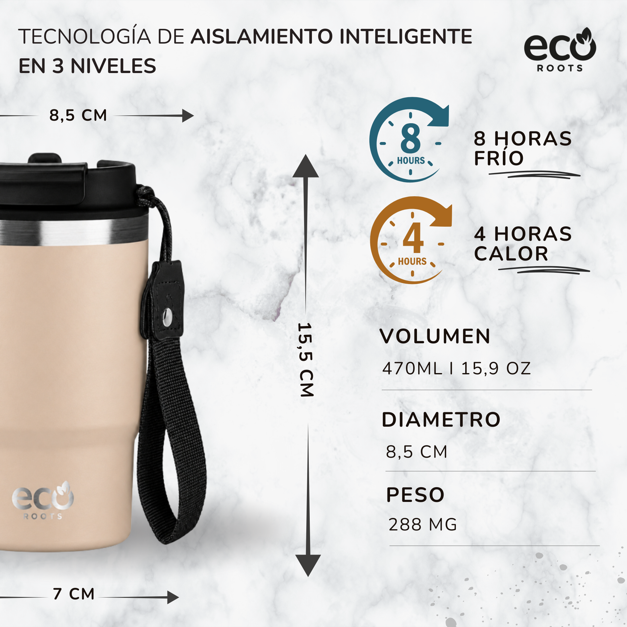Taza térmica beige Eco Roots con dimensiones, rendimiento de temperatura, volumen y peso sobre mármol.