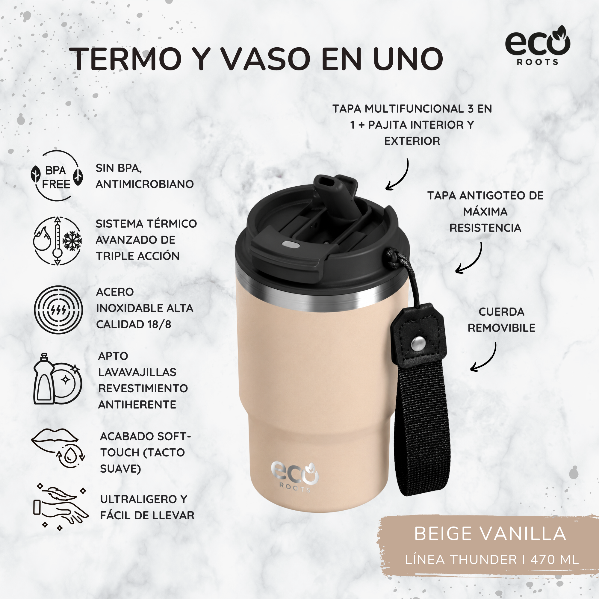 Vaso térmico Eco Roots beige sobre mármol con características del producto.
