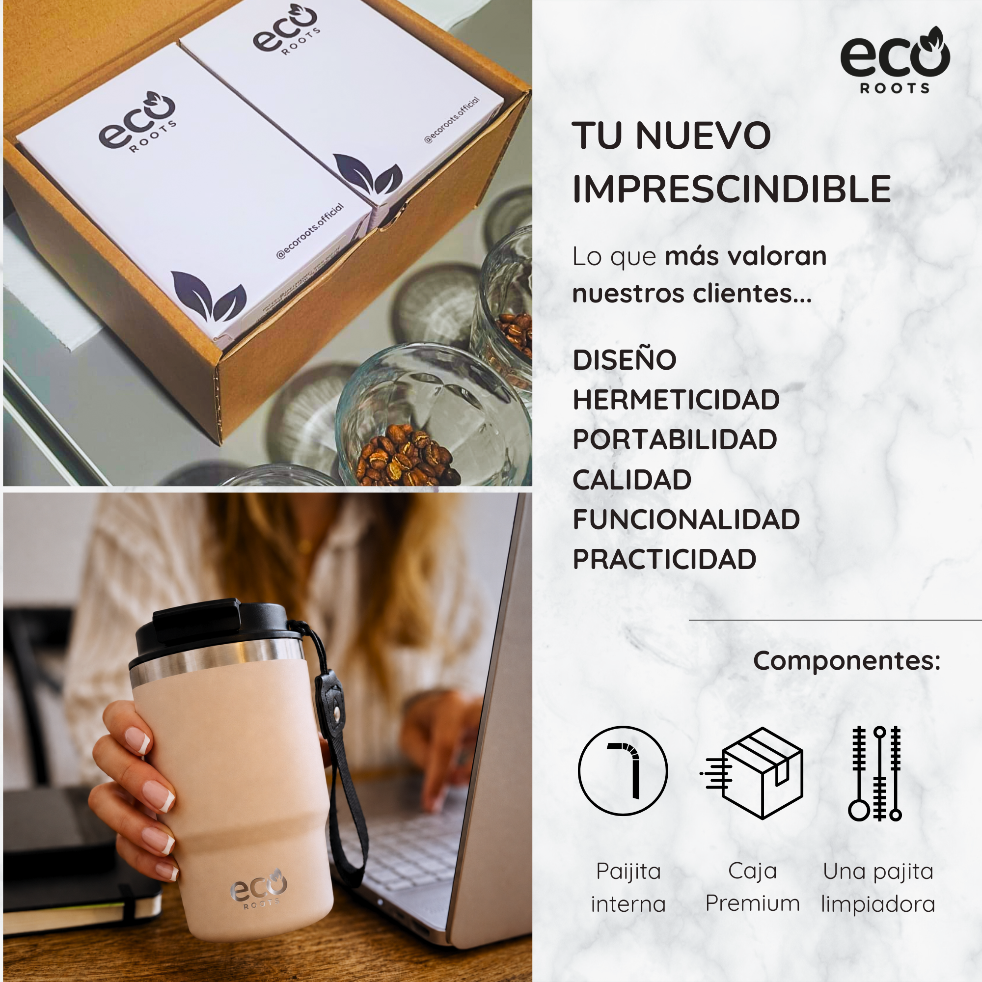 Imagen promocional de Eco Roots con productos ecológicos y taza de café frente a un portátil.