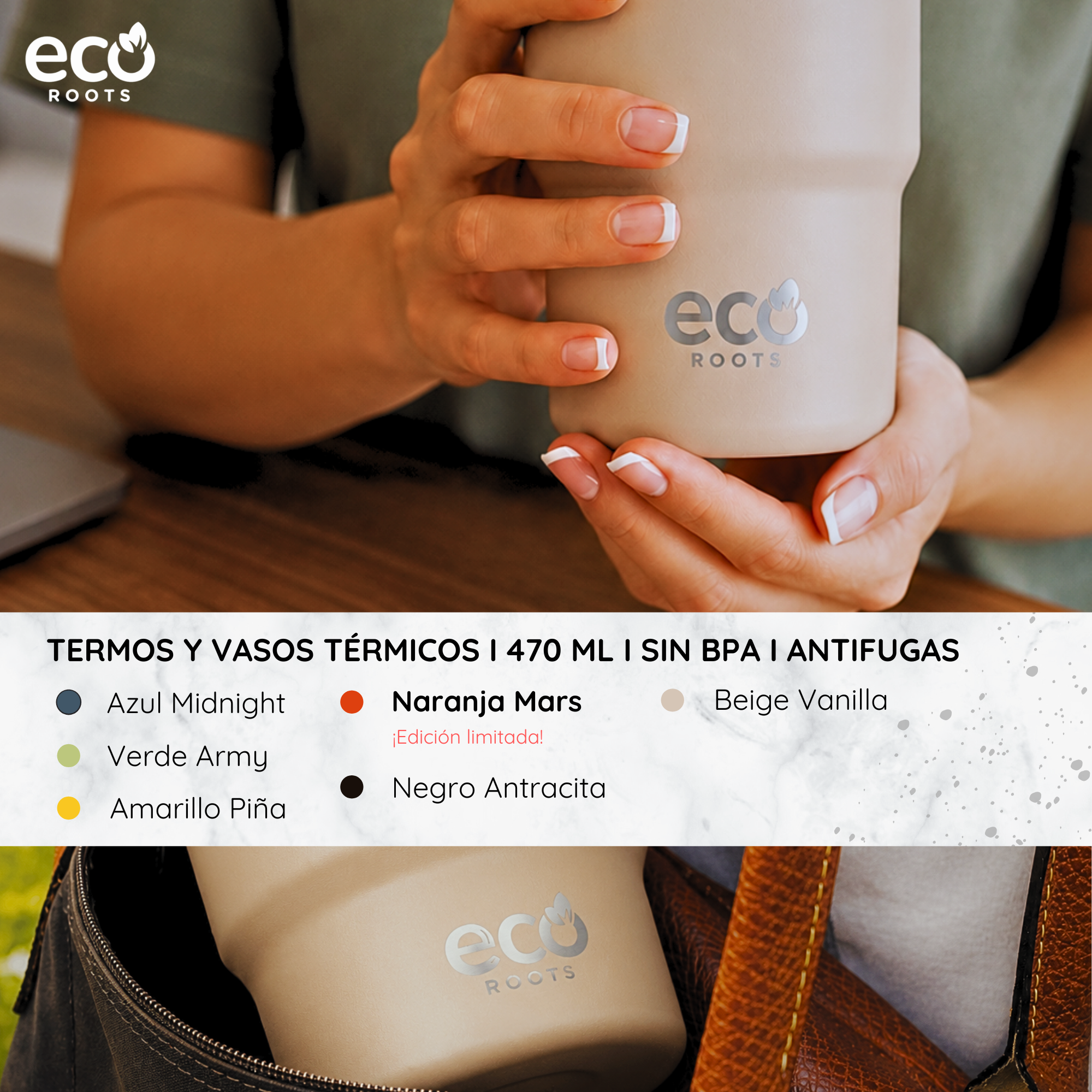 Manos sostienen un vaso EcoRoots beige, con texto abajo sobre colores.