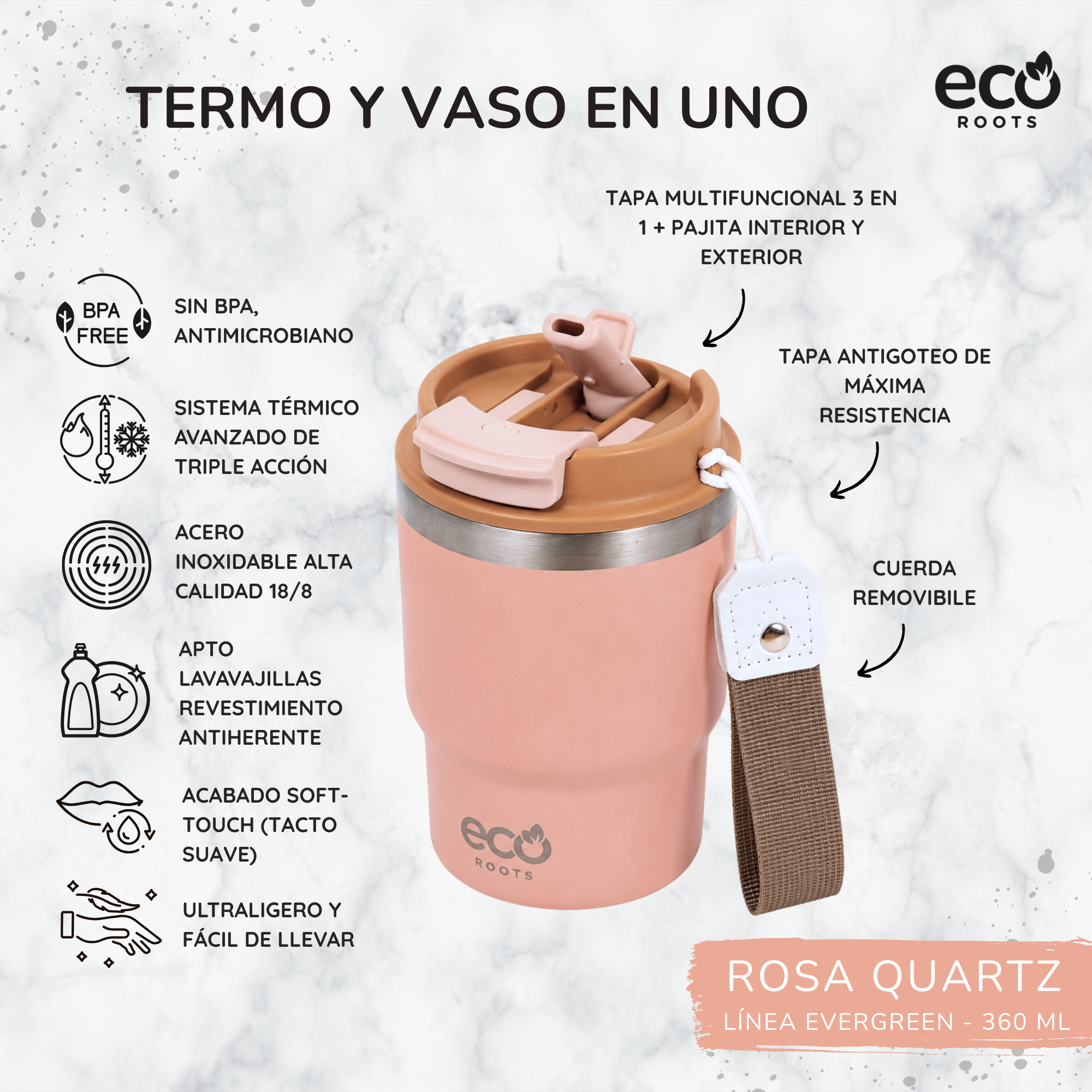 Vaso térmico rosa con pajita, tapa marrón y correa en fondo de mármol con descripciones de características en español.
