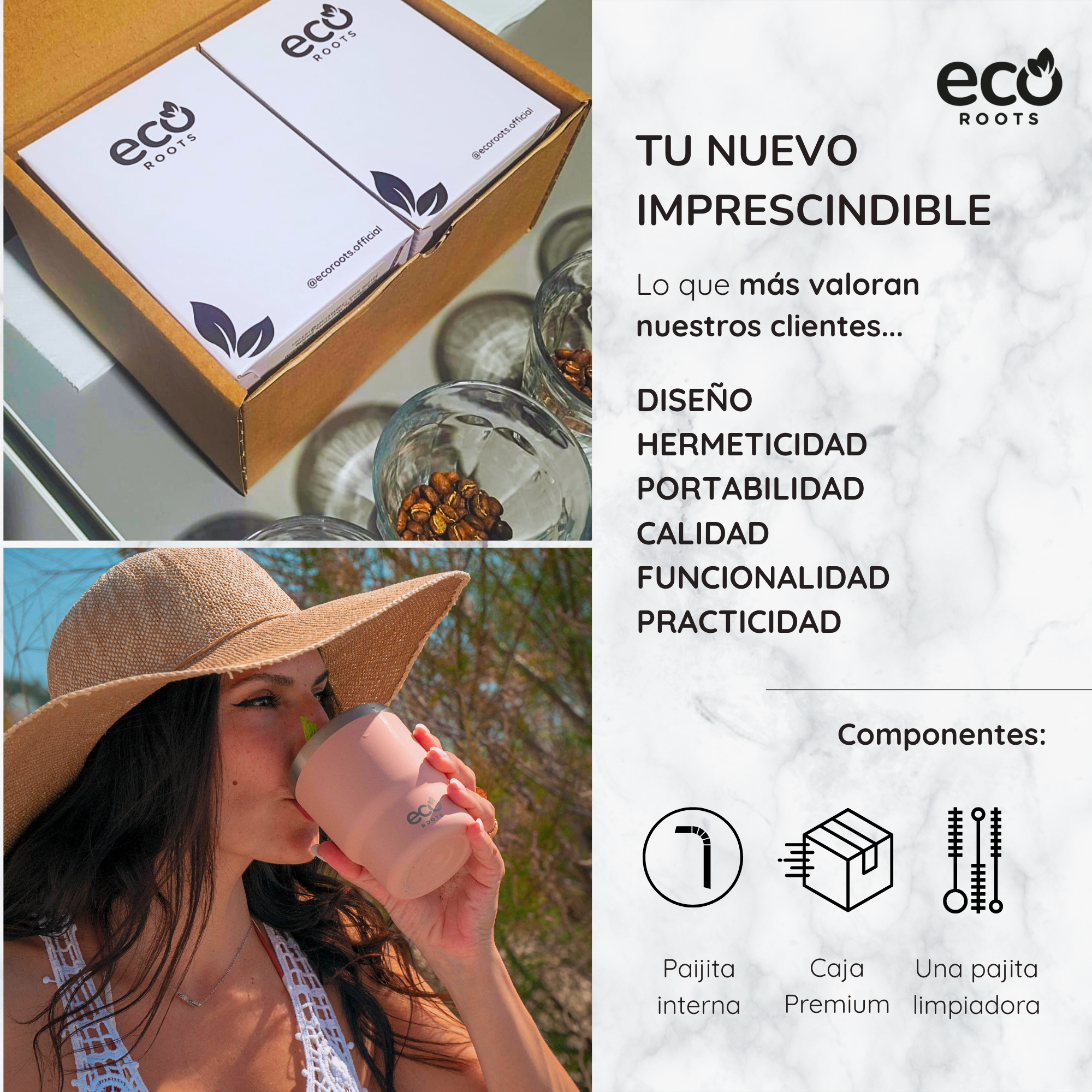Imagen promocional de EcoRoots que muestra cajas empaquetadas, granos de café y una mujer bebiendo de un vaso rosa.