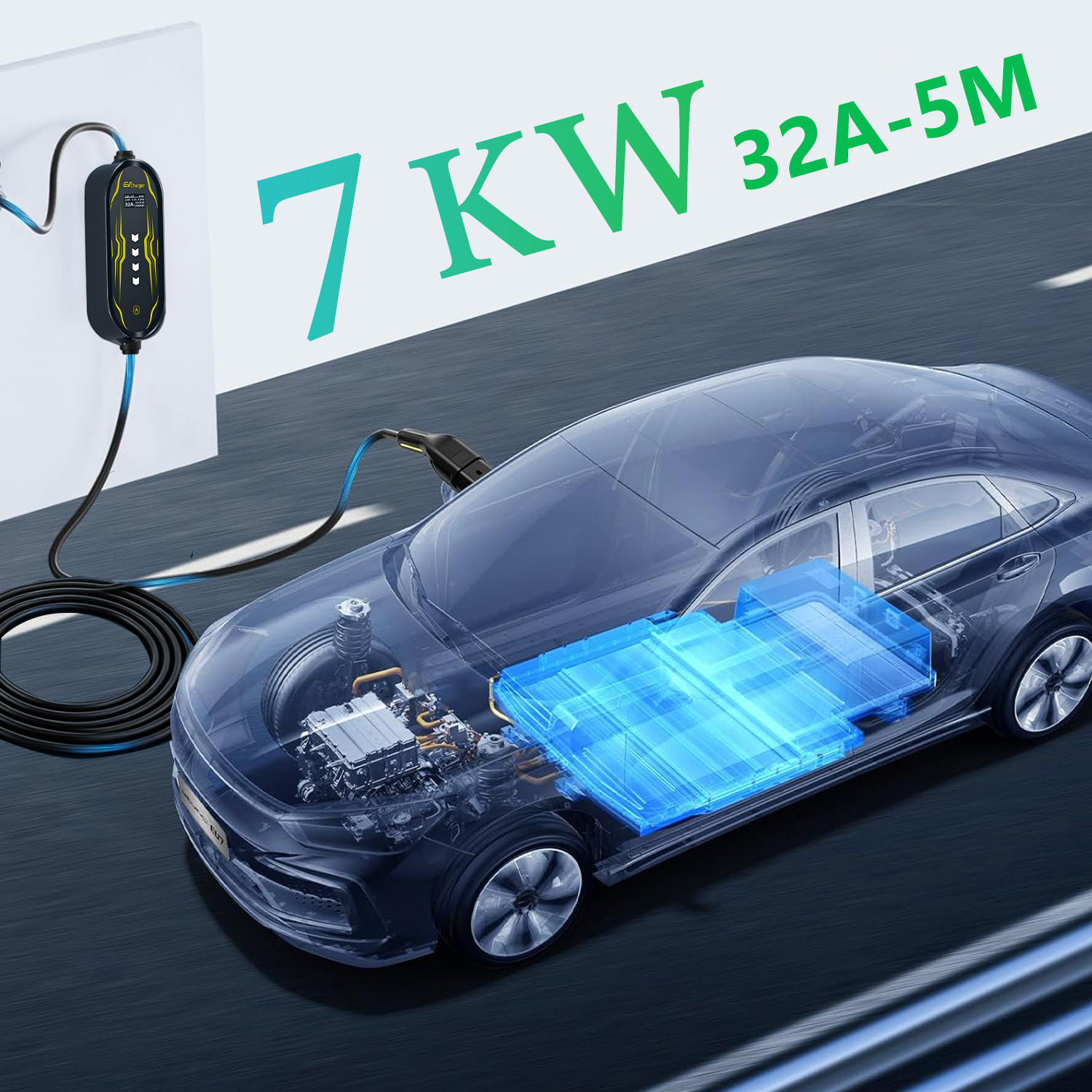 Przezroczysty samochód elektryczny pokazuje świecącą baterię i silnik, podłączony do ładowarki naściennej 7KW.
