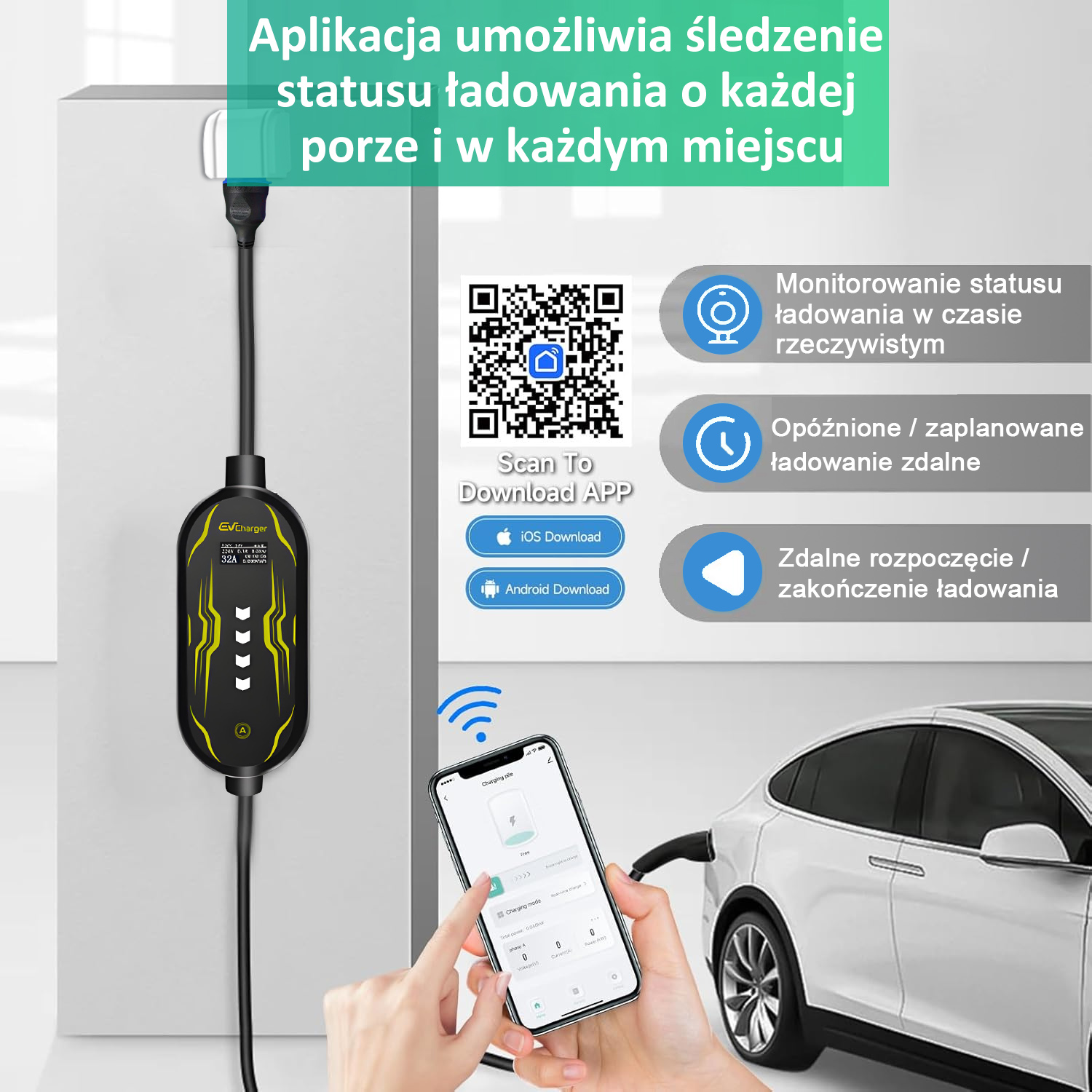 Smartfon pokazuje aplikację do ładowarki EV z kodem QR i ikonami.