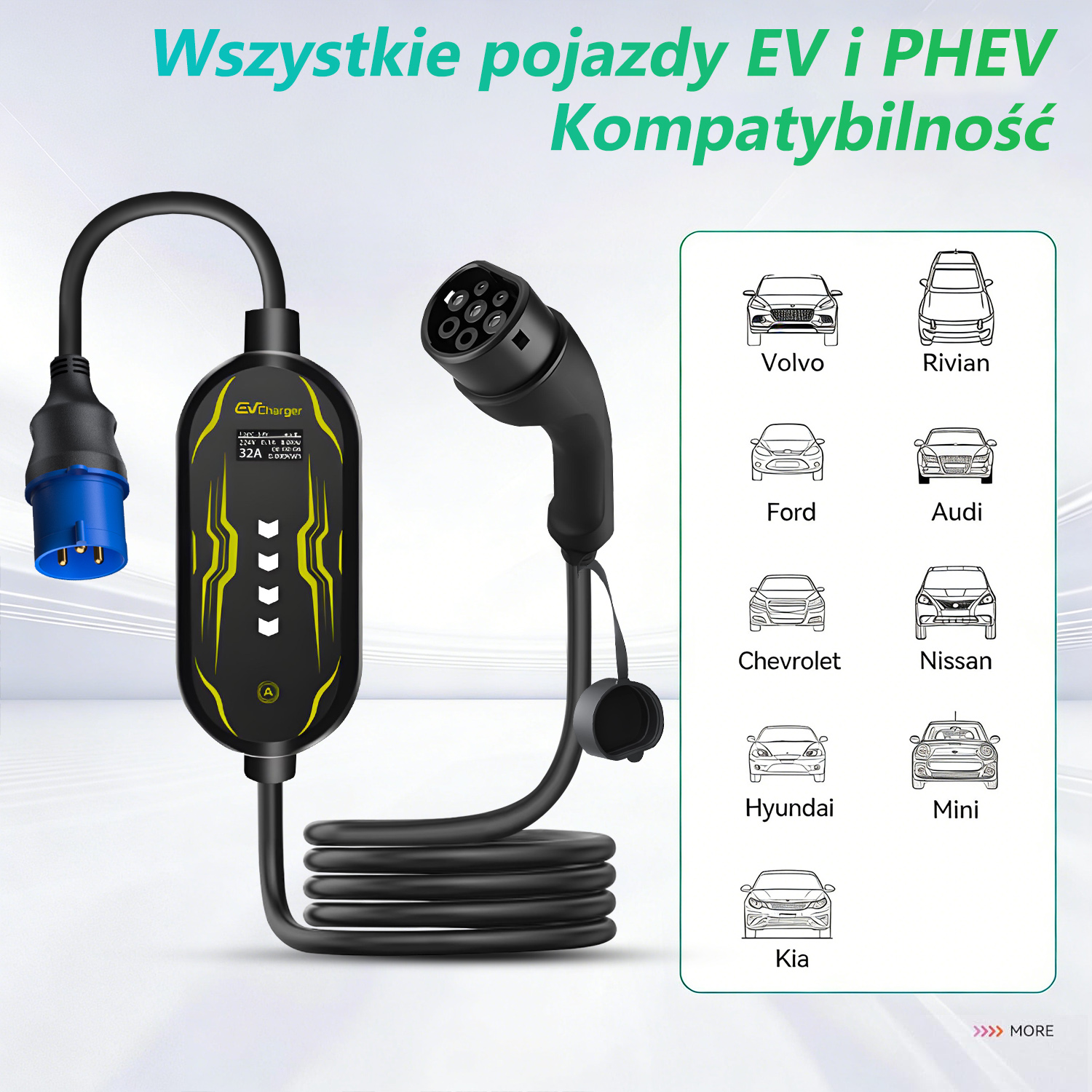 Ładowarka EV z czarnym kablem, niebieską wtyczką i listą kompatybilności różnych marek samochodów na białym tle.