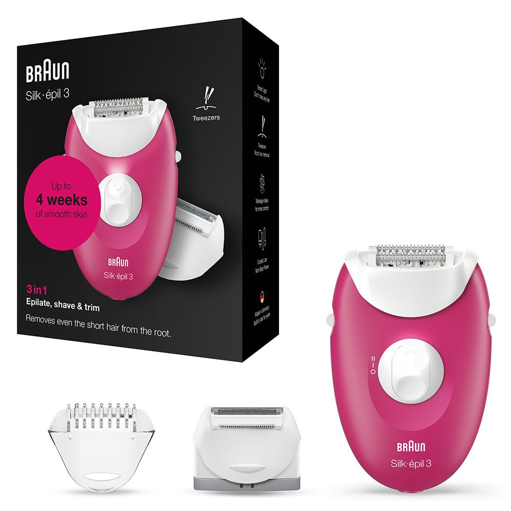 Beyaz arkaplanda kutusu ve aksesuarlarıyla pembe beyaz Braun Silk-épil 3 epilatör.