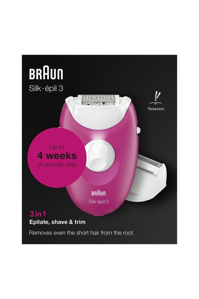 Siyah arka planda pembe ve beyaz Braun Silk-épil 3 epilatör, metin ve simgeler.