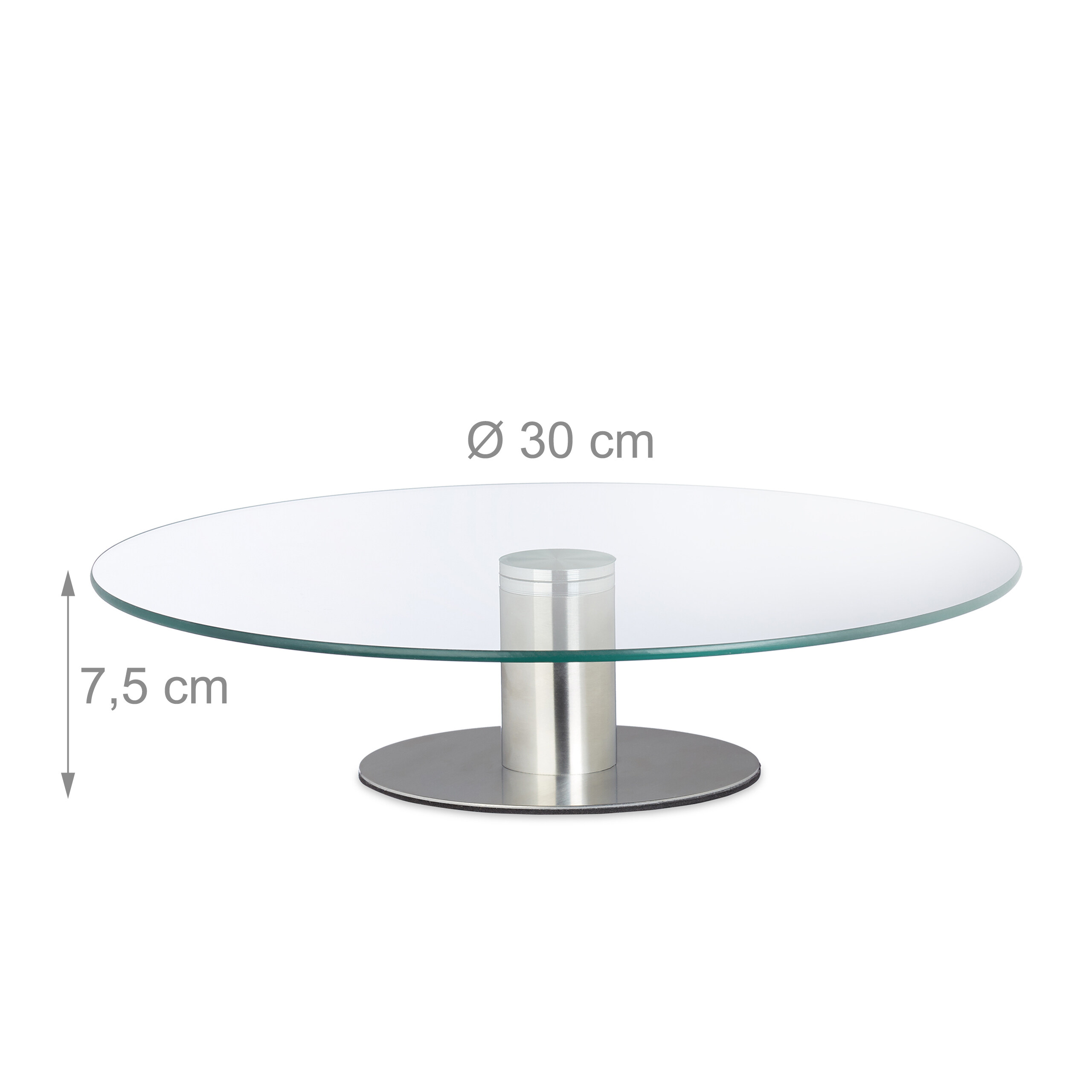 Eine runde Tortenplatte aus Glas mit silbernem Metallfuß, 30 cm Durchmesser und 7,5 cm Höhe, auf weißem Hintergrund.