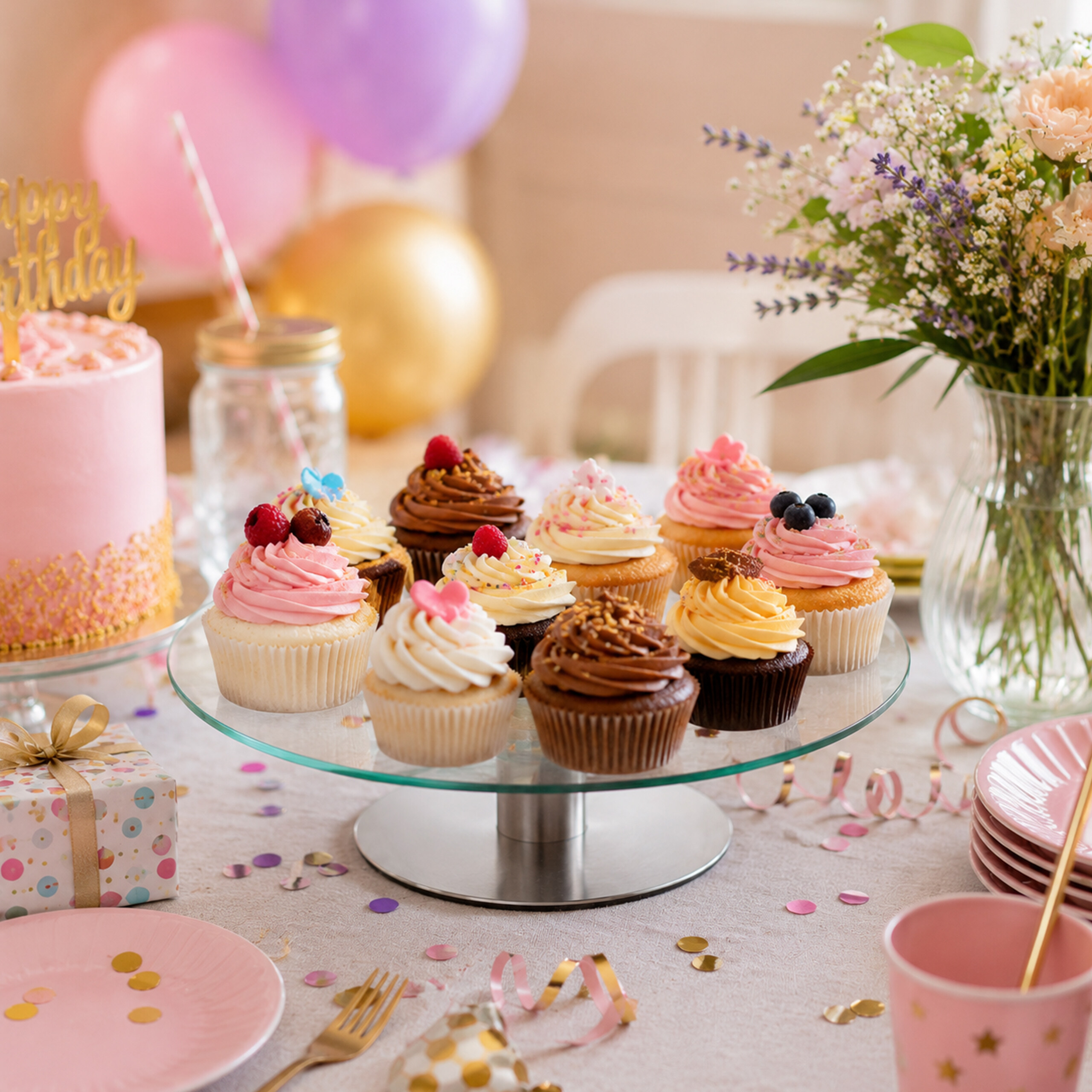 Festlicher Tisch mit Glasständer voller Cupcakes, rosa Geburtstagstorte, Luftballons und Blumen.