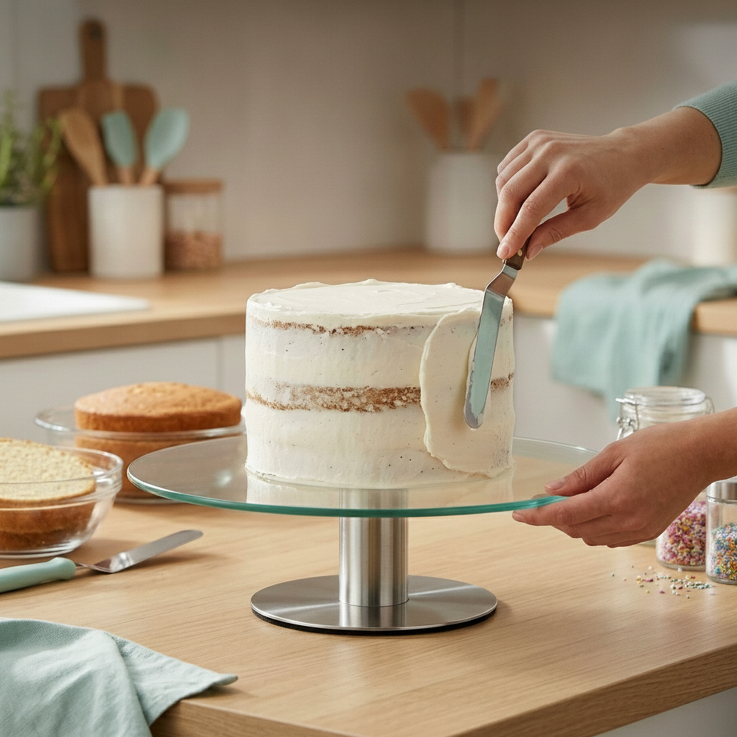 Eine Person bestreicht eine mehrschichtige Torte auf einem Glasständer mit einer Palette in einer Küche.