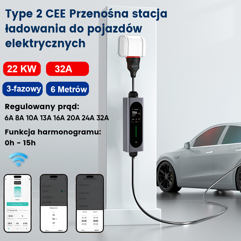 Przenośna ładowarka EV 22 kW z aplikacją i kablem podłączonym do srebrnego samochodu elektrycznego.