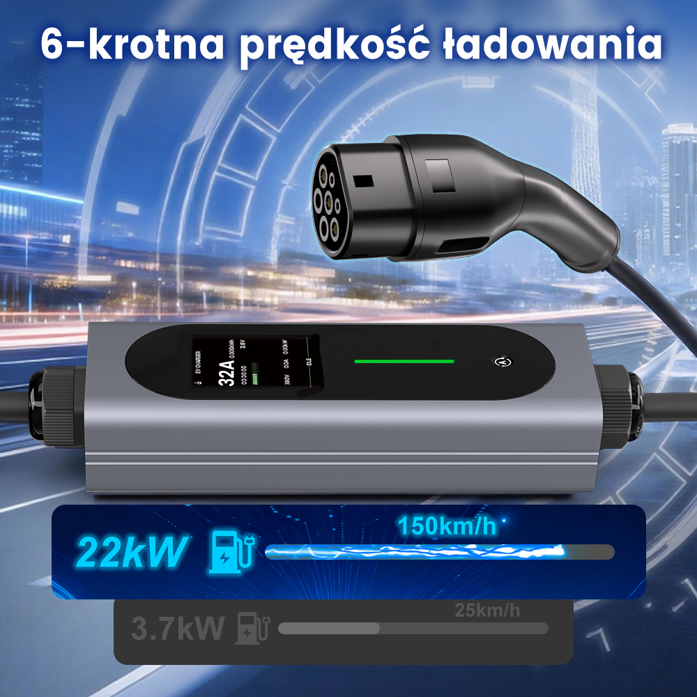 Kabel do ładowania samochodu elektrycznego i jednostka sterująca na tle nocnego miasta.