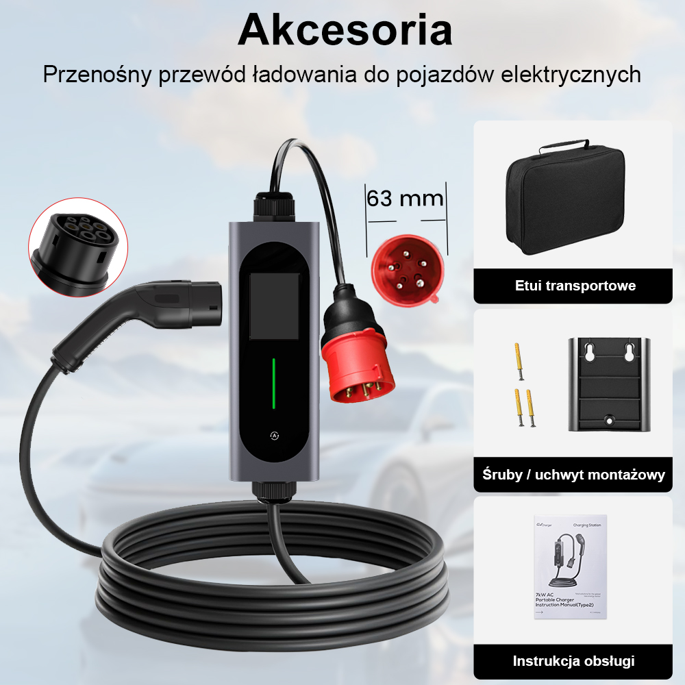 Przenośny kabel do ładowania EV z akcesoriami i instrukcją.