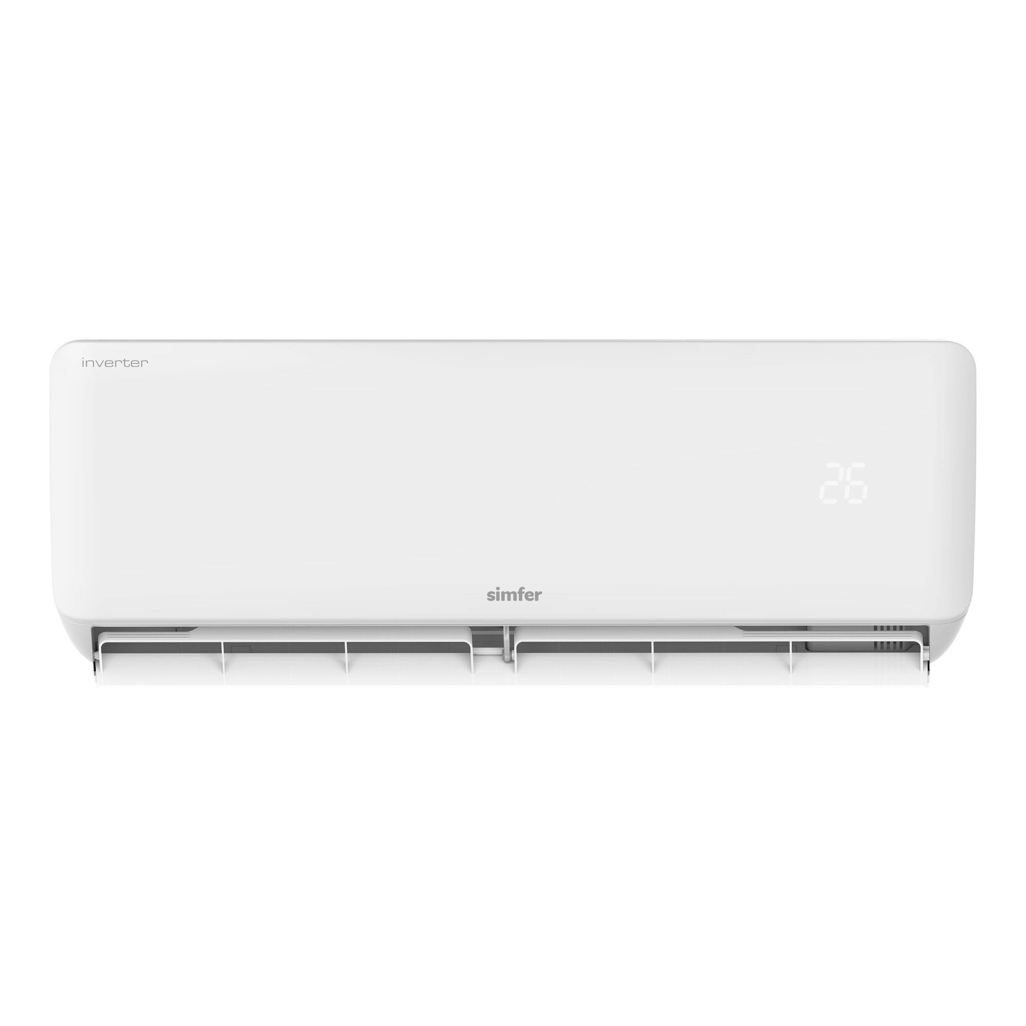 Beyaz arkaplanda dijital sıcaklık göstergeli beyaz Simfer inverter klima ünitesi.