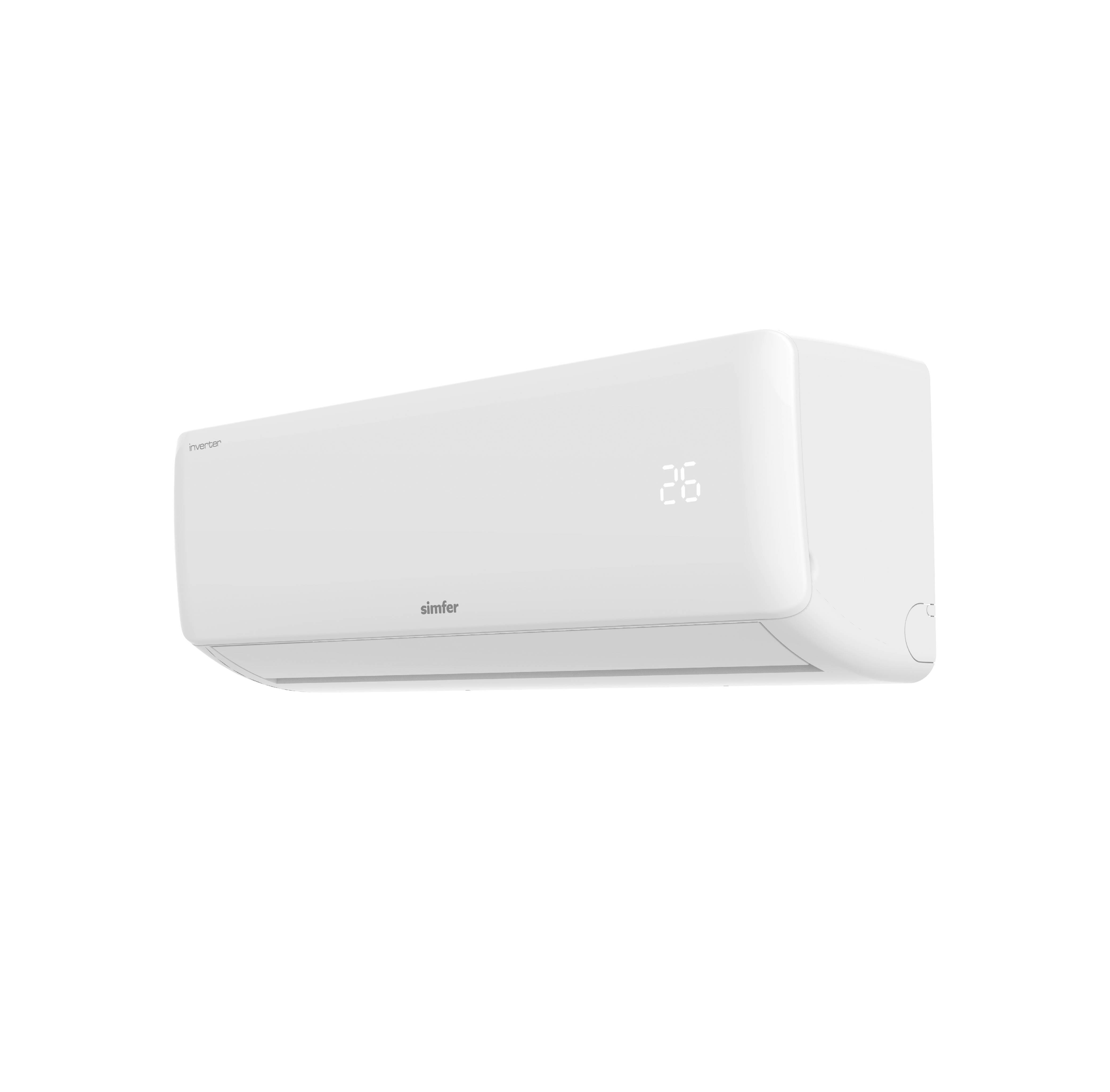 Duvarda 26 gösteren beyaz bir Simfer inverter klima.