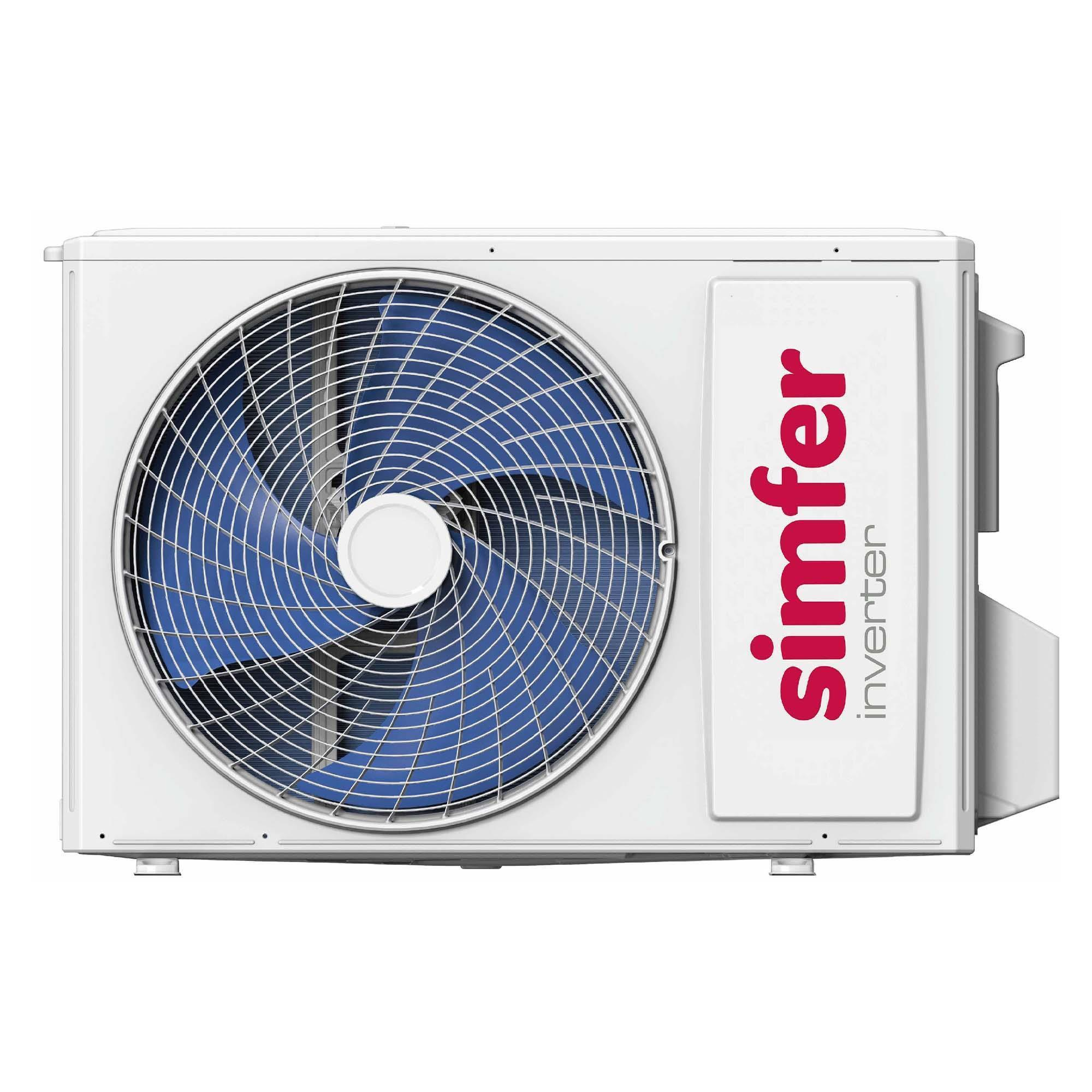 Büyük mavi fanlı beyaz Simfer inverter klima dış ünitesi.