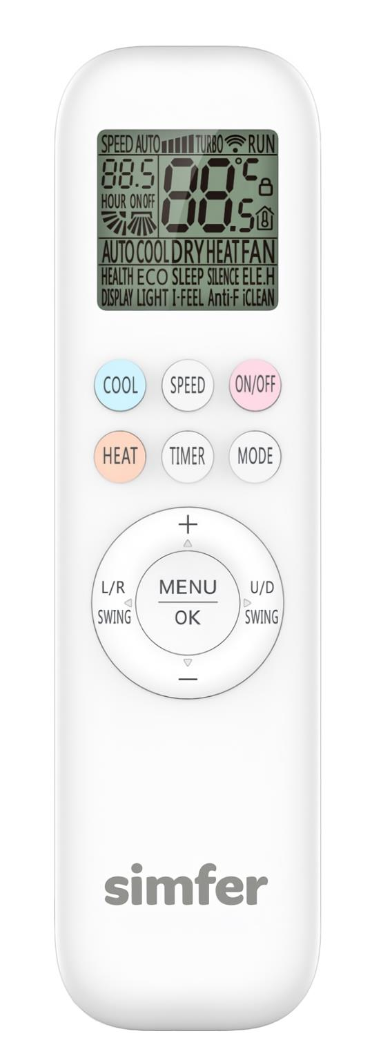 LCD ekranlı ve çeşitli fonksiyon tuşlarına sahip beyaz Simfer klima kumandası.