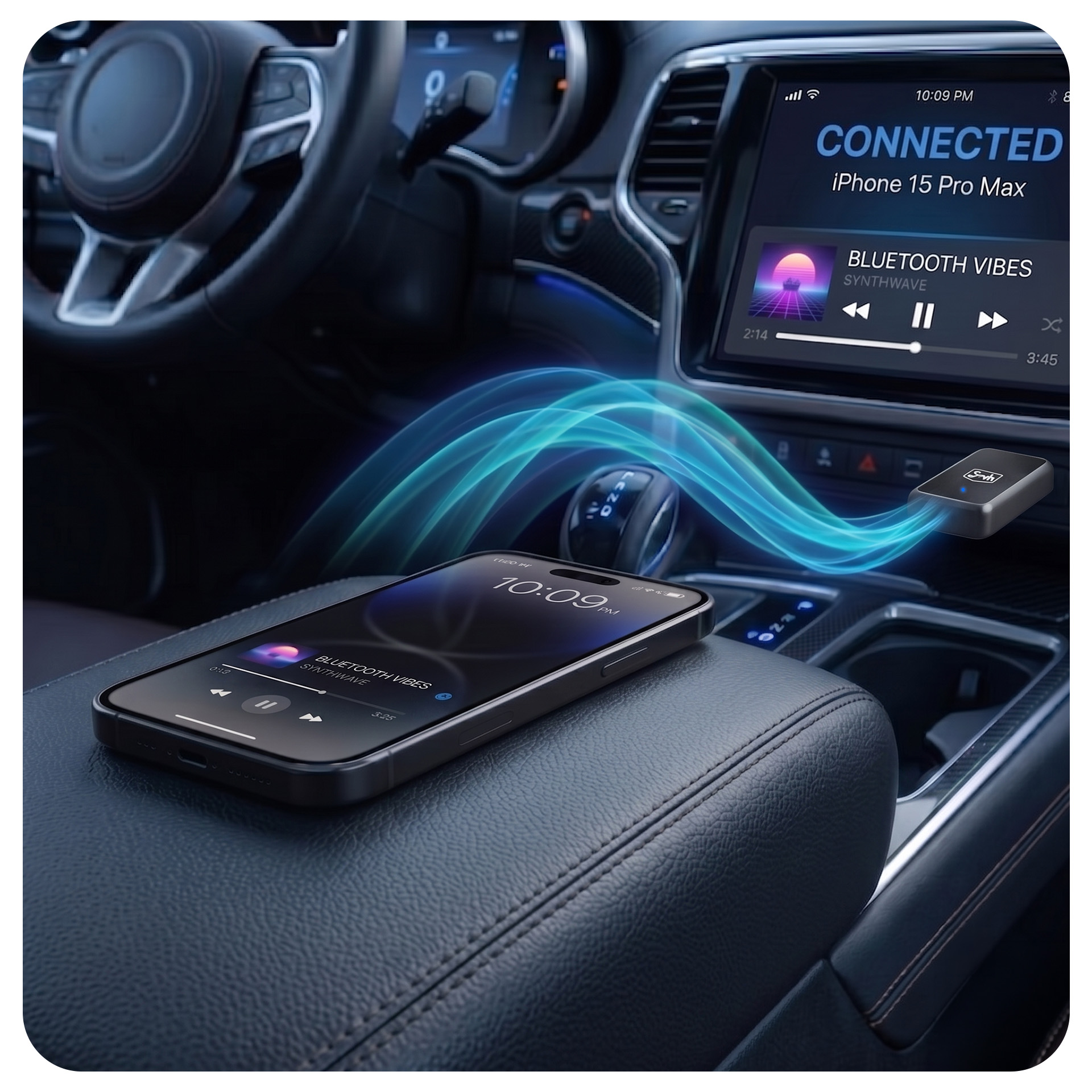 Smartfon na konsoli środkowej łączy się bezprzewodowo przez Bluetooth z systemem audio, pokazany z niebieskimi falami.